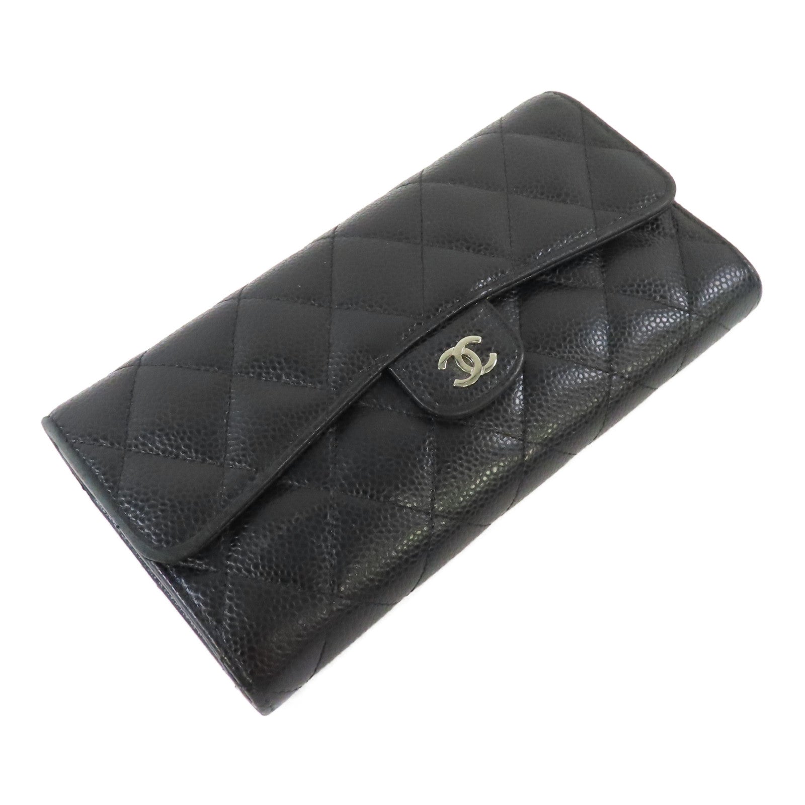 CHANEL 菱格Caviar皮革Long Wallet銀扣長錢包黑色