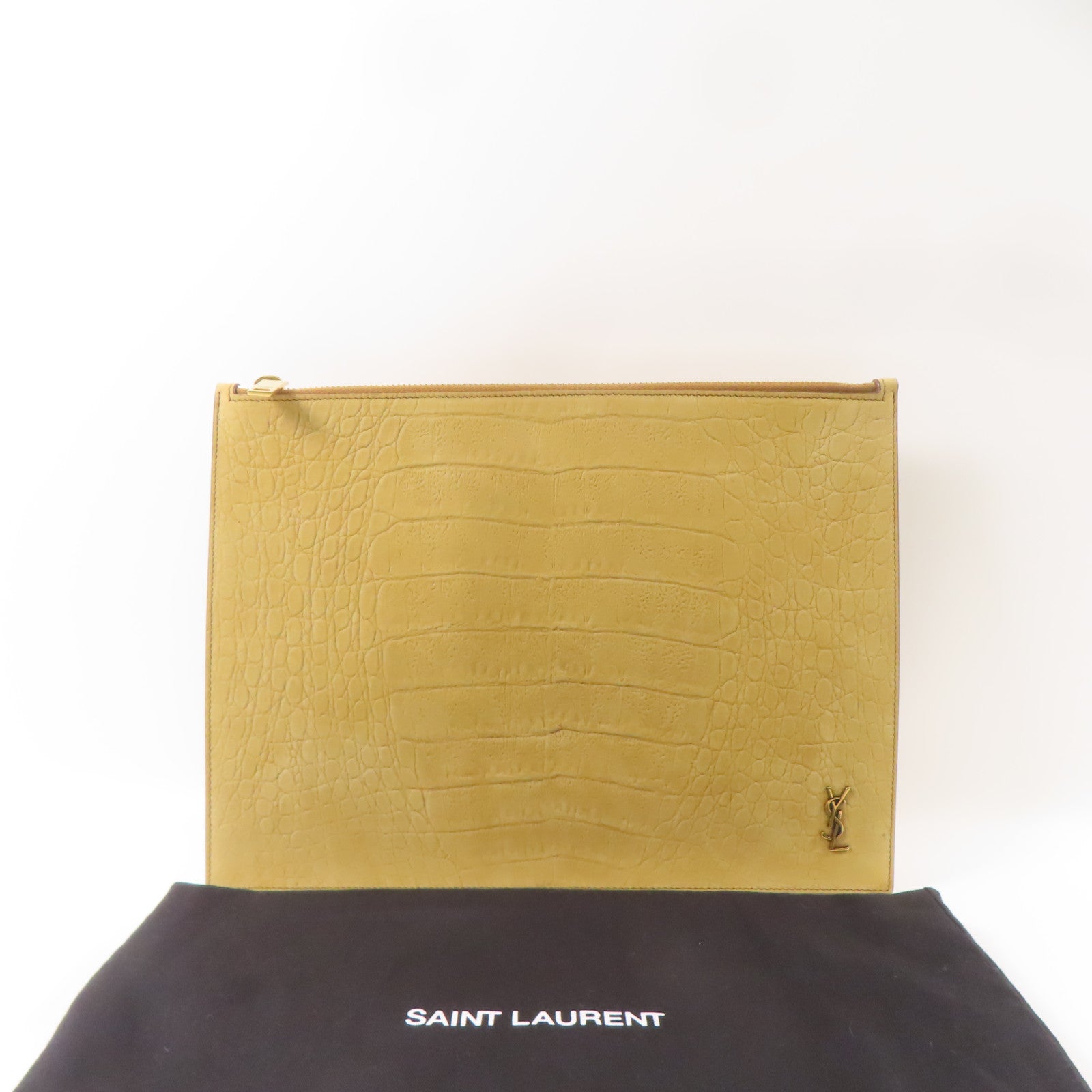SAINT LAURENT 麂皮皮革Clutch金扣手拿包淺啡色