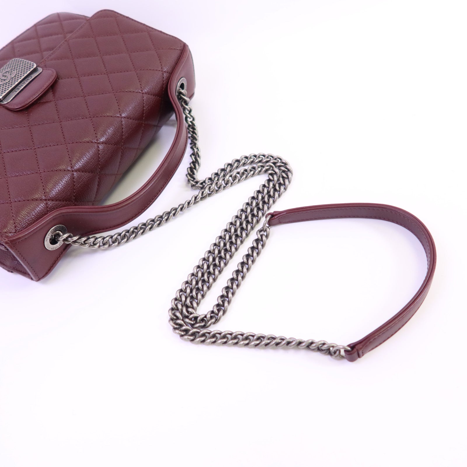 CHANEL 牛皮皮革CC University Flap Bag銀扣鏈帶手挽肩背兩用袋