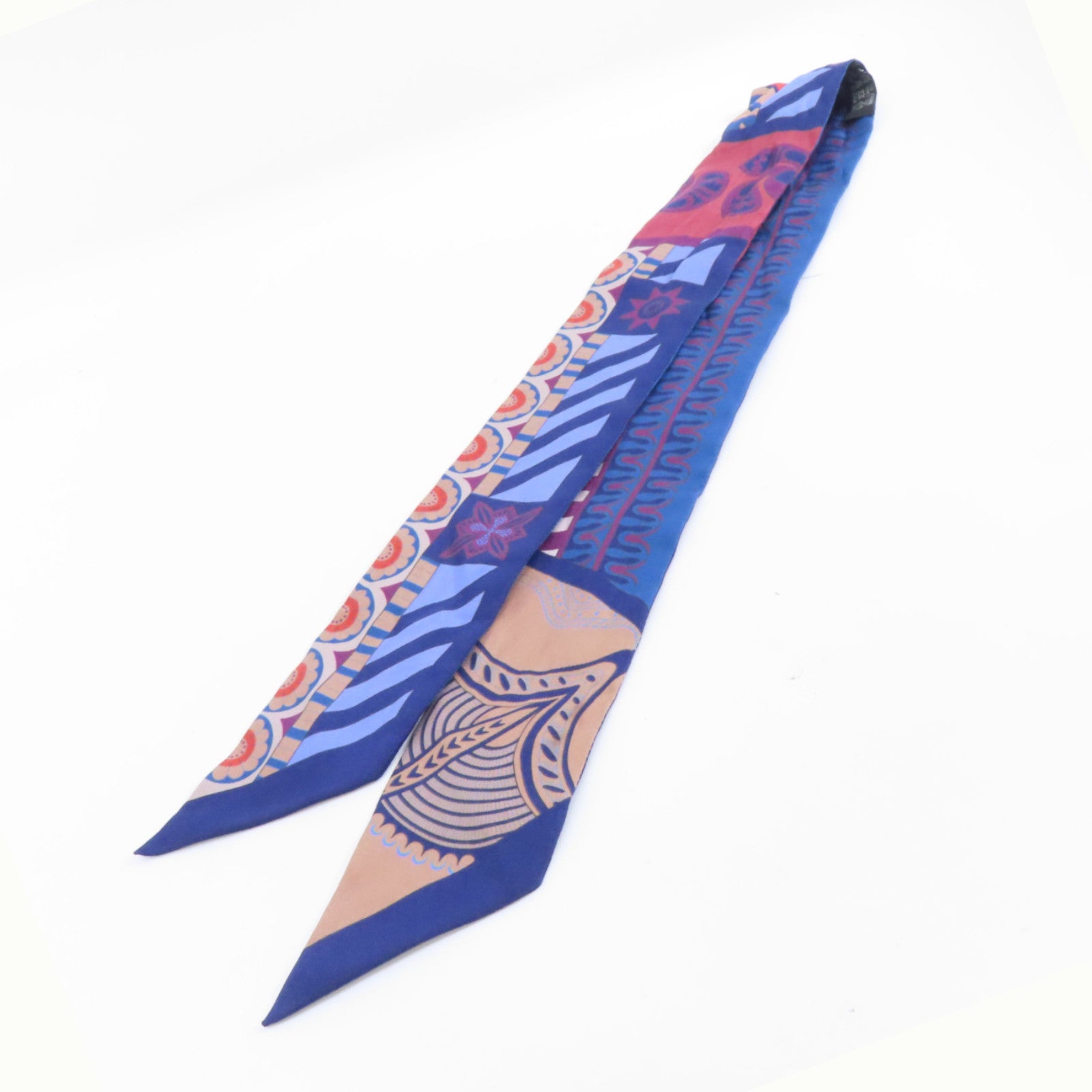 HERMES 絲質Twilly絲巾藍色/米色/紅色