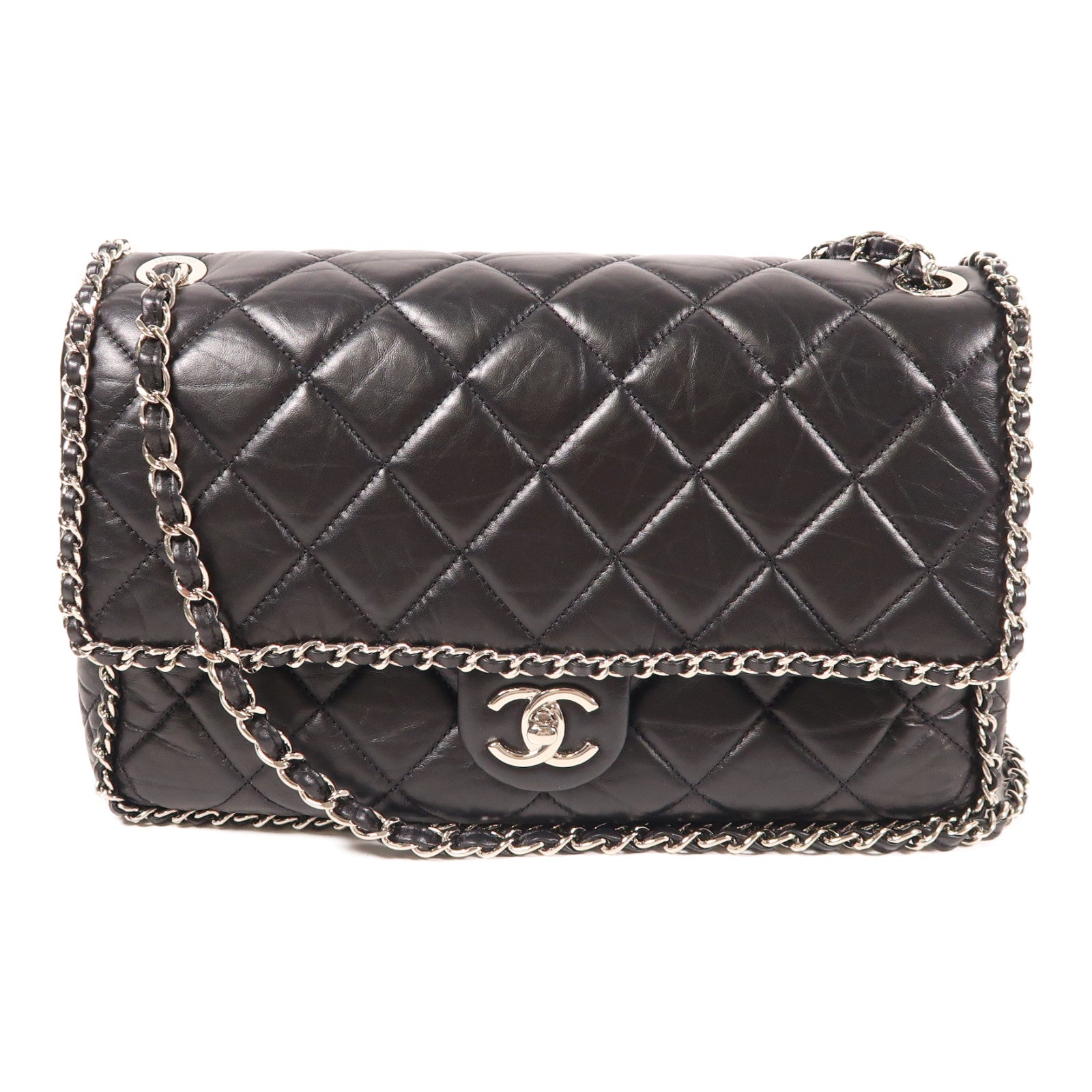 CHANEL 牛皮皮革Chain Shoulder銀扣鏈帶肩背袋