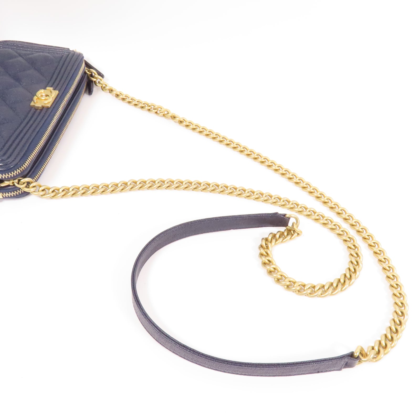 CHANEL 菱格Caviar皮革Chain Shoulder Bag金扣鏈帶肩背袋藍色