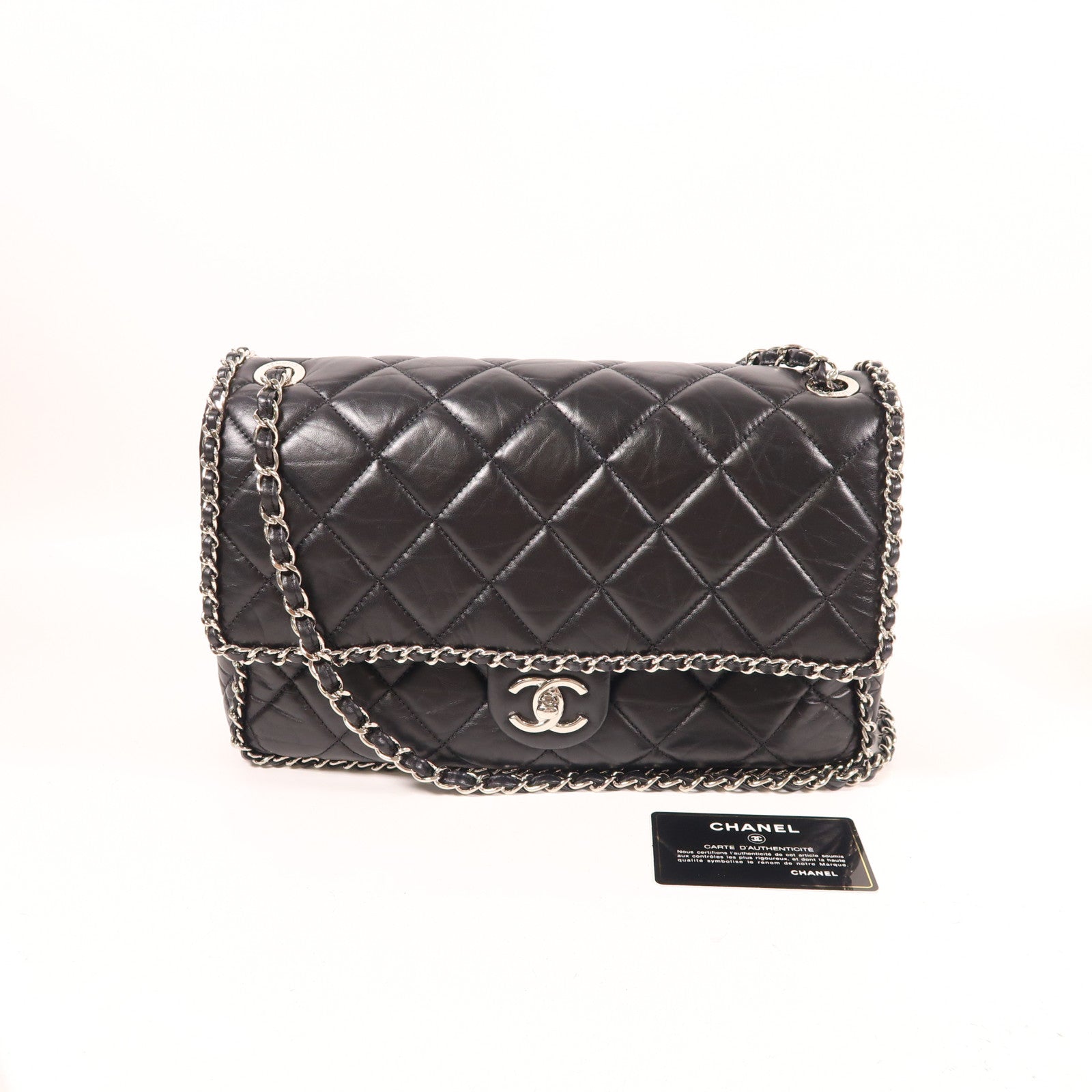 CHANEL 牛皮皮革Chain Shoulder銀扣鏈帶肩背袋