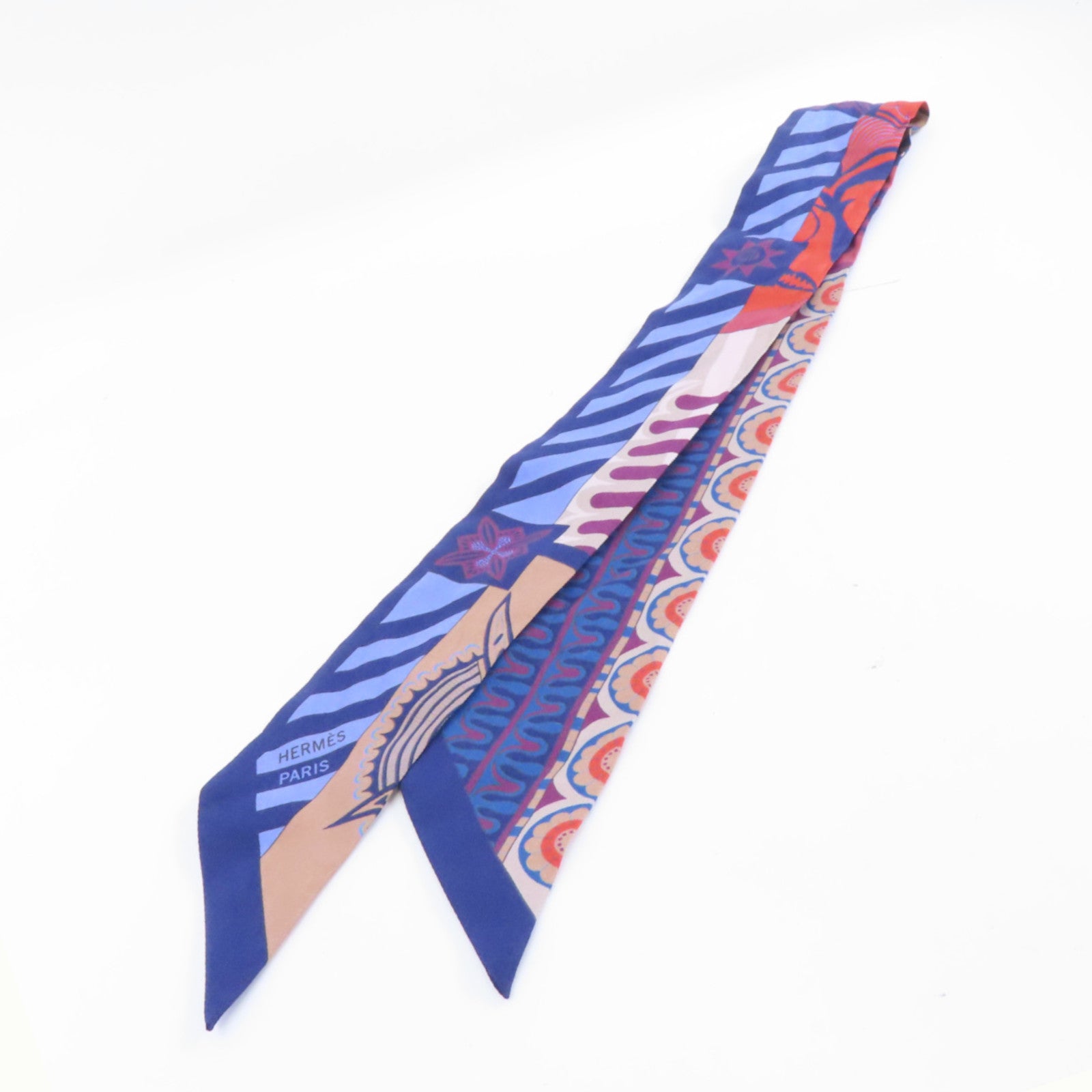 HERMES 絲質Twilly絲巾藍色/米色/紅色
