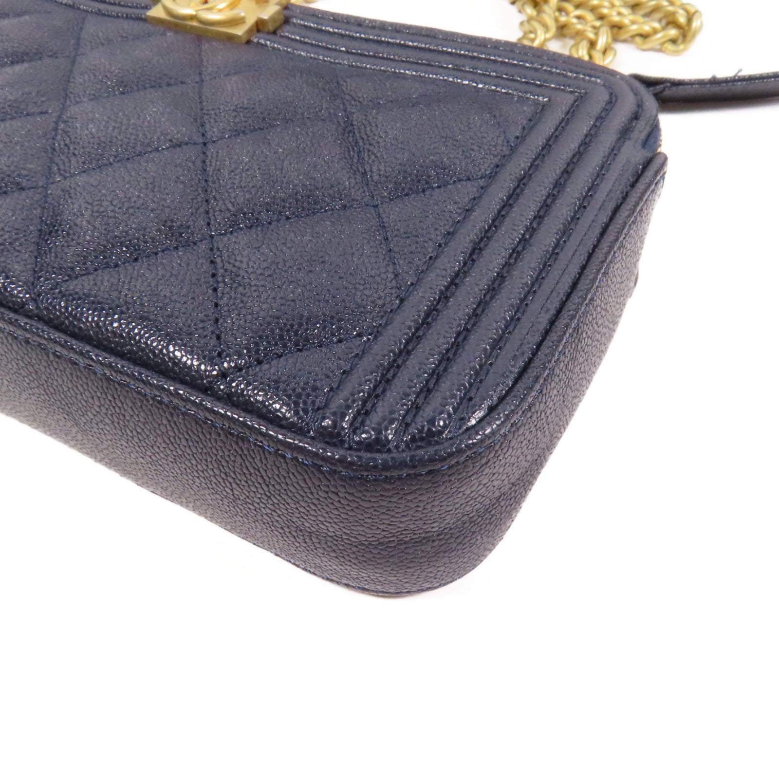 CHANEL 菱格Caviar皮革Chain Shoulder Bag金扣鏈帶肩背袋藍色