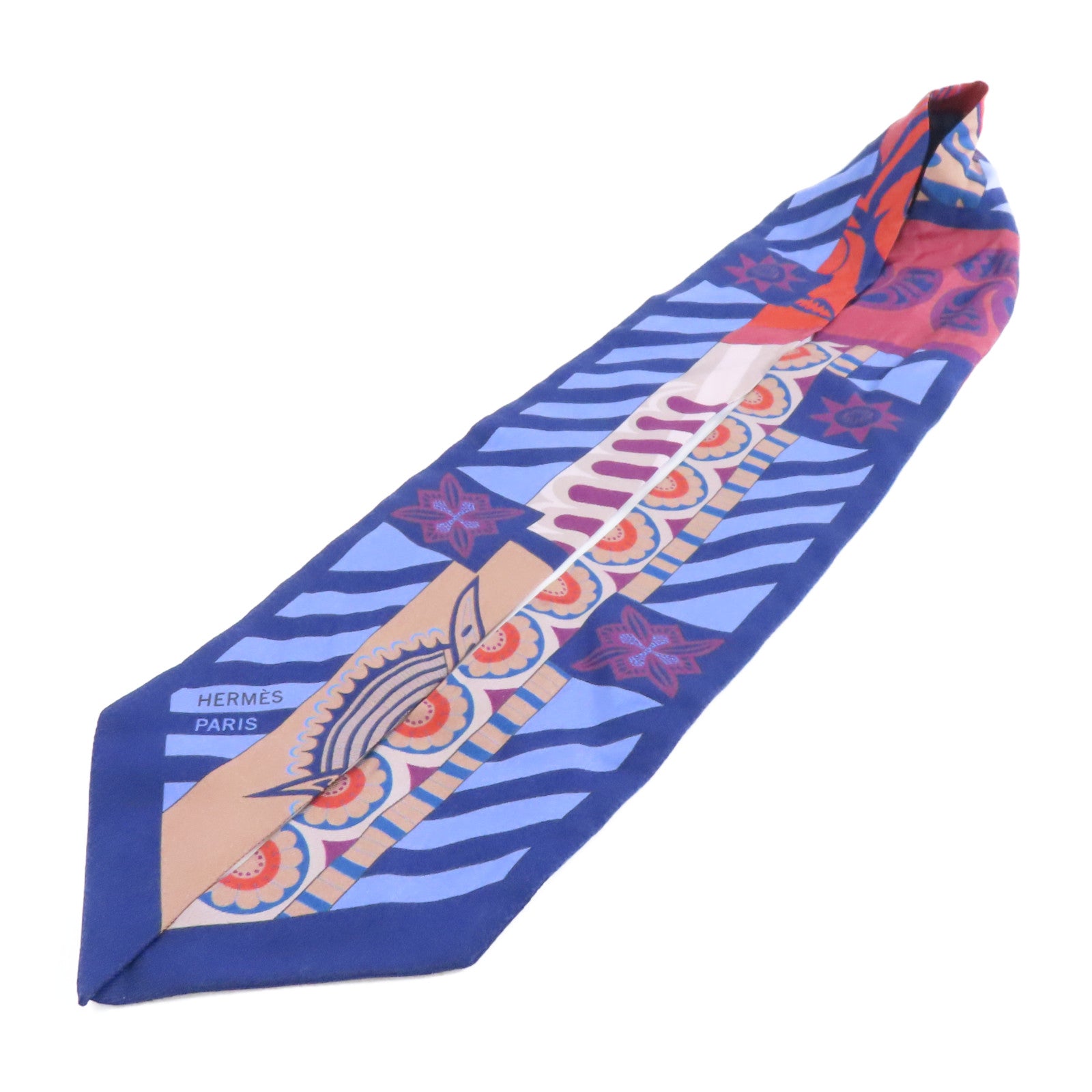 HERMES 絲質Twilly絲巾藍色/米色/紅色