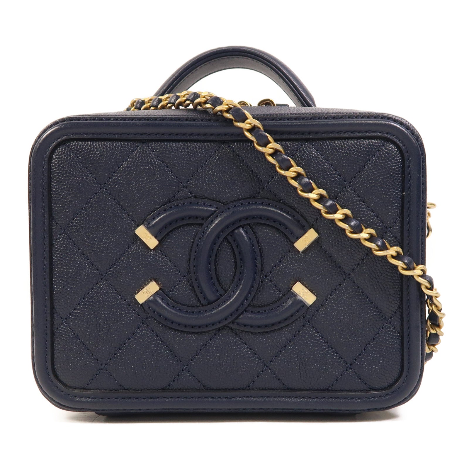 CHANEL 牛皮皮革Vanity Case金扣鏈帶手挽肩背兩用袋
