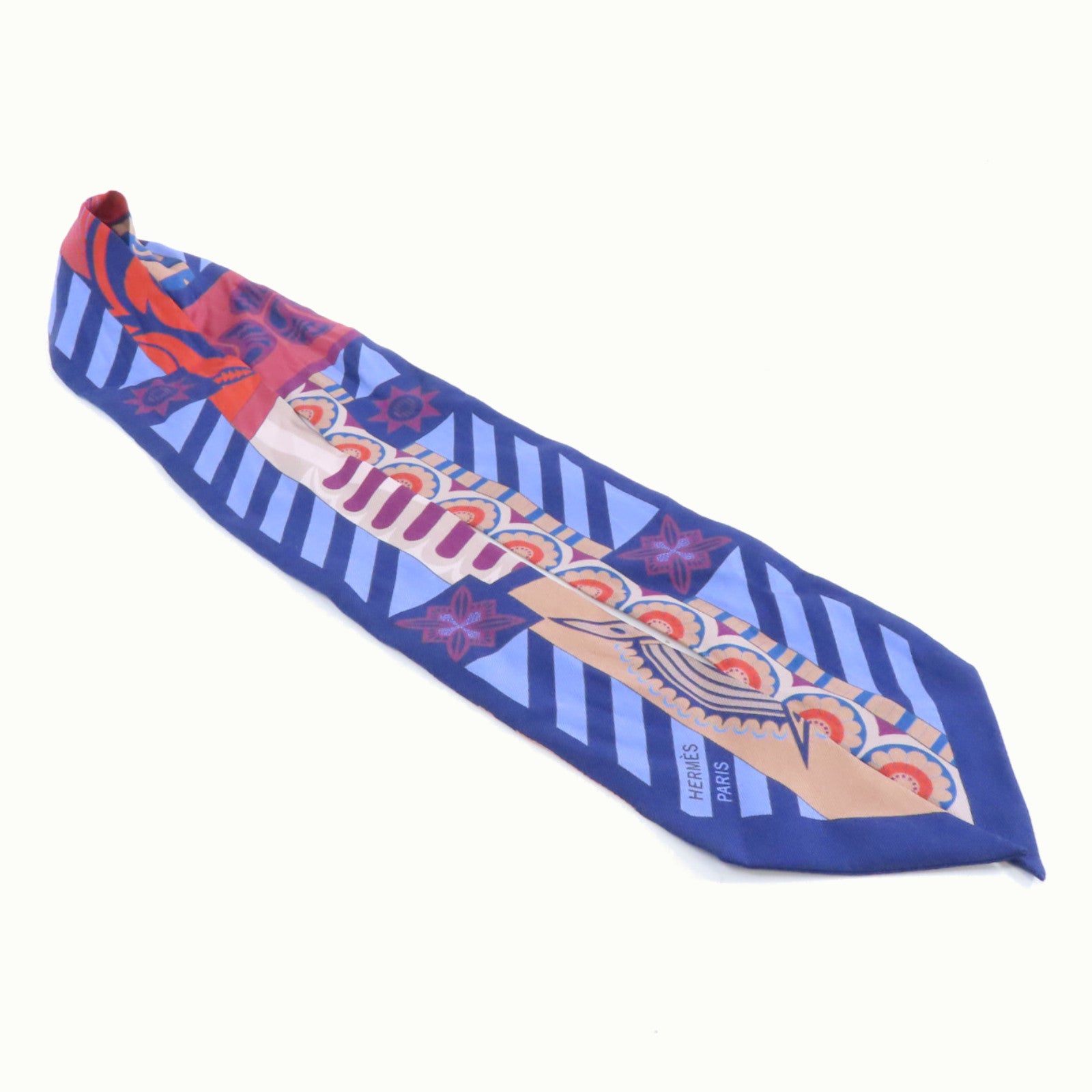HERMES 絲質Twilly絲巾藍色/米色/紅色