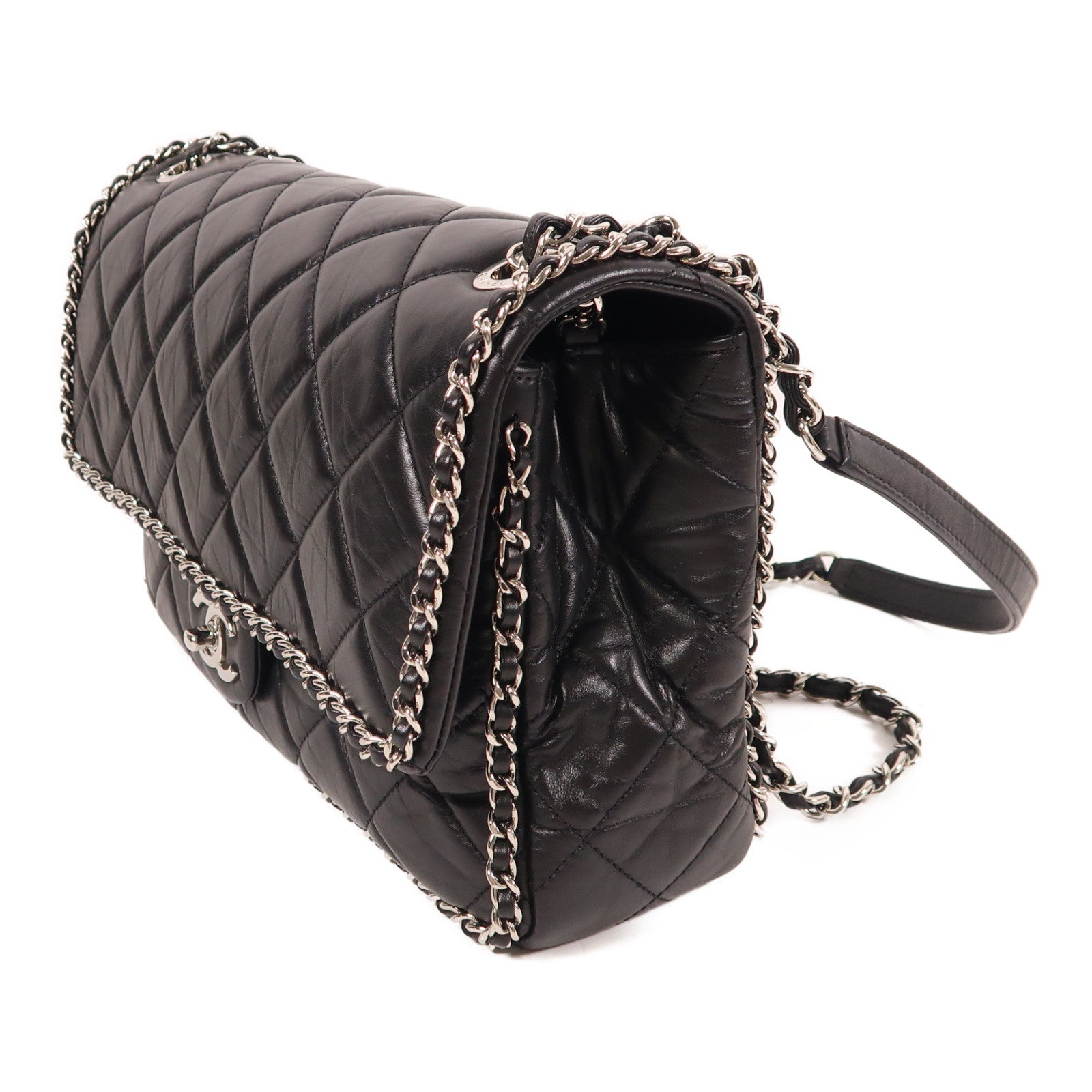 CHANEL 牛皮皮革Chain Shoulder銀扣鏈帶肩背袋