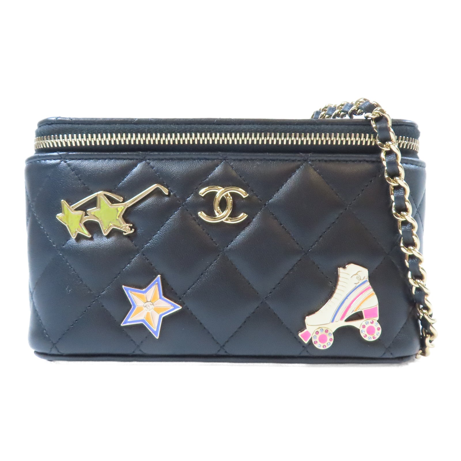 CHANEL 【激減優惠】菱格羊皮皮革Charms Vanity Case鏈帶肩背袋黑色