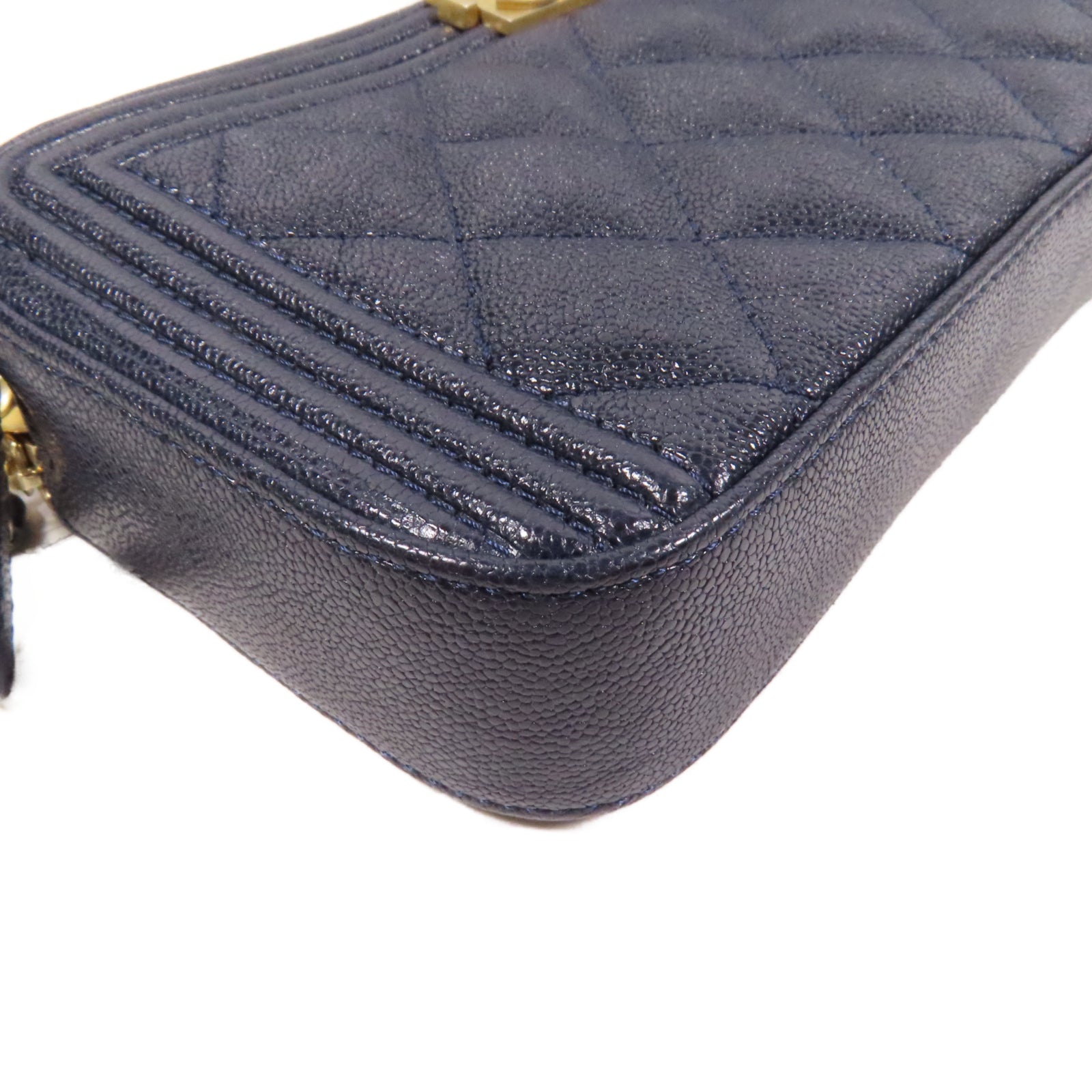 CHANEL 菱格Caviar皮革Chain Shoulder Bag金扣鏈帶肩背袋藍色