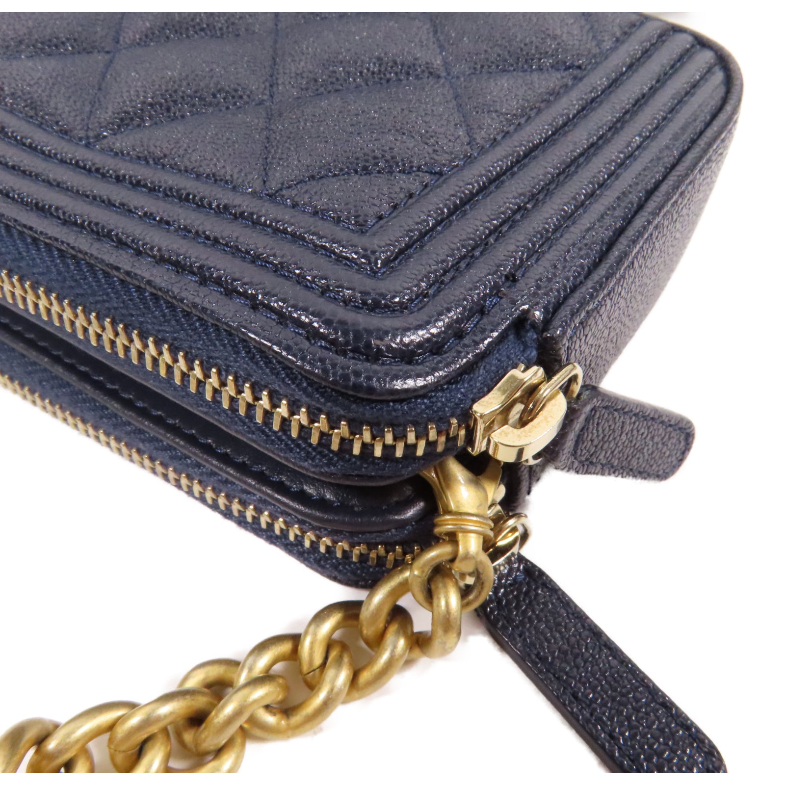 CHANEL 菱格Caviar皮革Chain Shoulder Bag金扣鏈帶肩背袋藍色