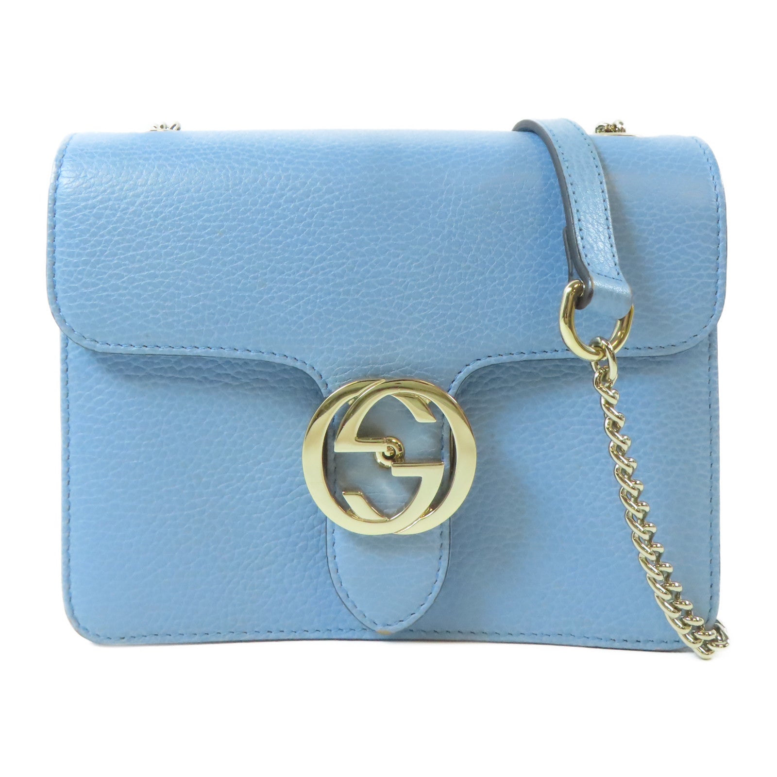 GUCCI 牛皮皮革GG Interlocking Chain Shoulder金扣鏈帶肩背袋淺藍色