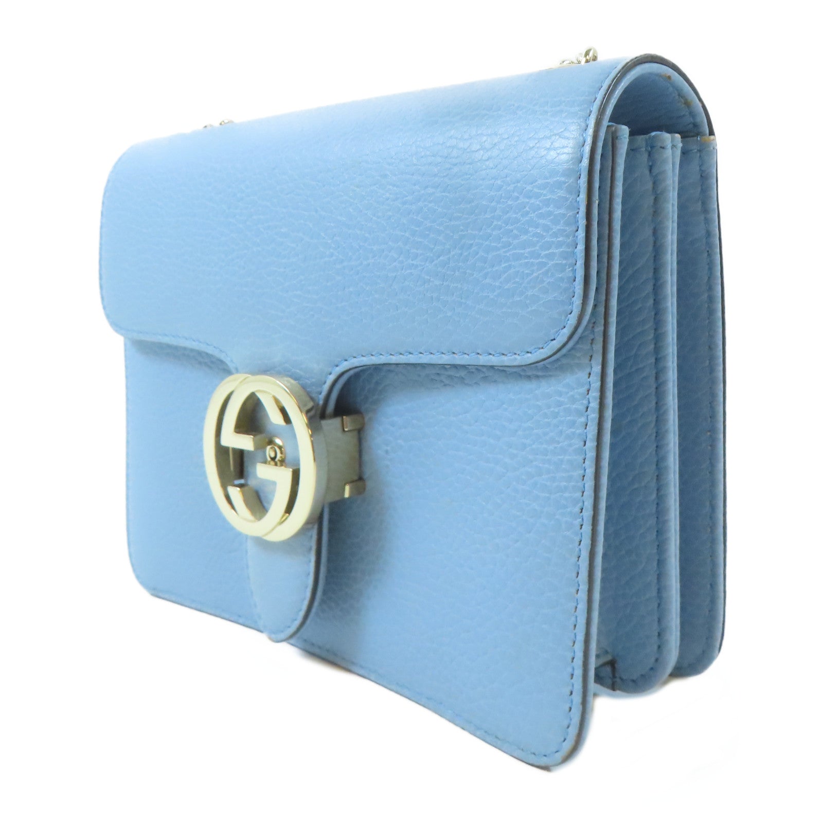 GUCCI 牛皮皮革GG Interlocking Chain Shoulder金扣鏈帶肩背袋淺藍色