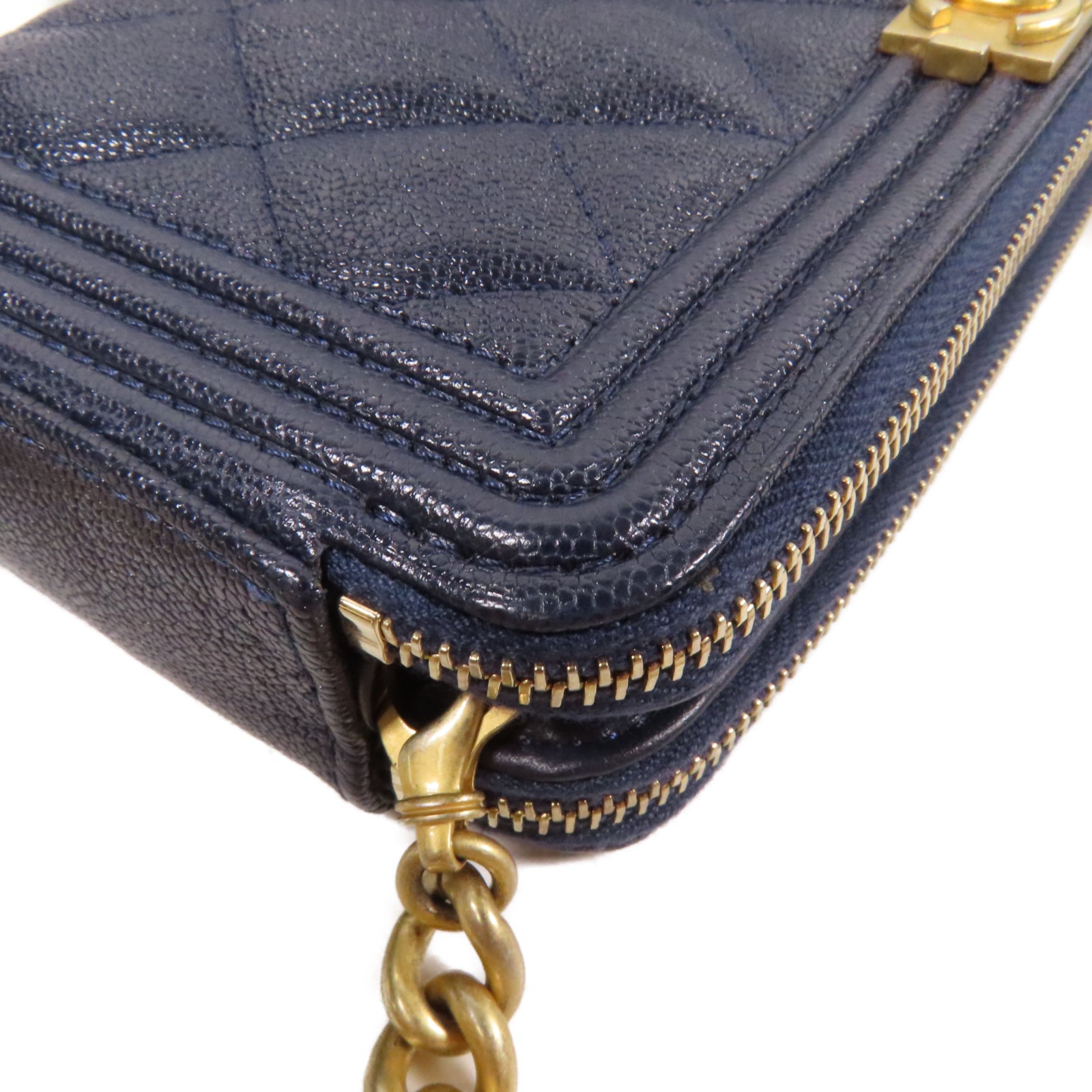 CHANEL 菱格Caviar皮革Chain Shoulder Bag金扣鏈帶肩背袋藍色