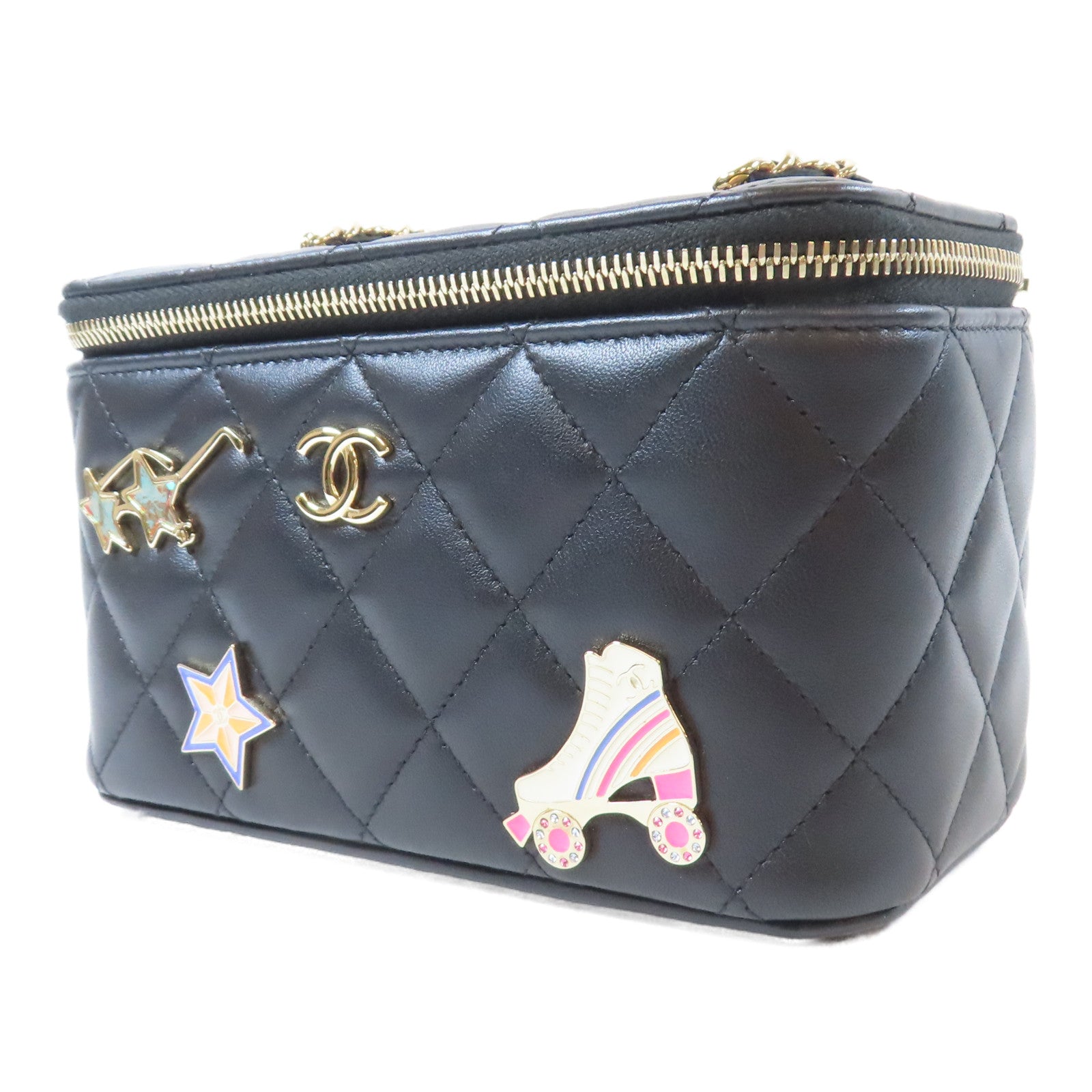 CHANEL 【激減優惠】菱格羊皮皮革Charms Vanity Case鏈帶肩背袋黑色