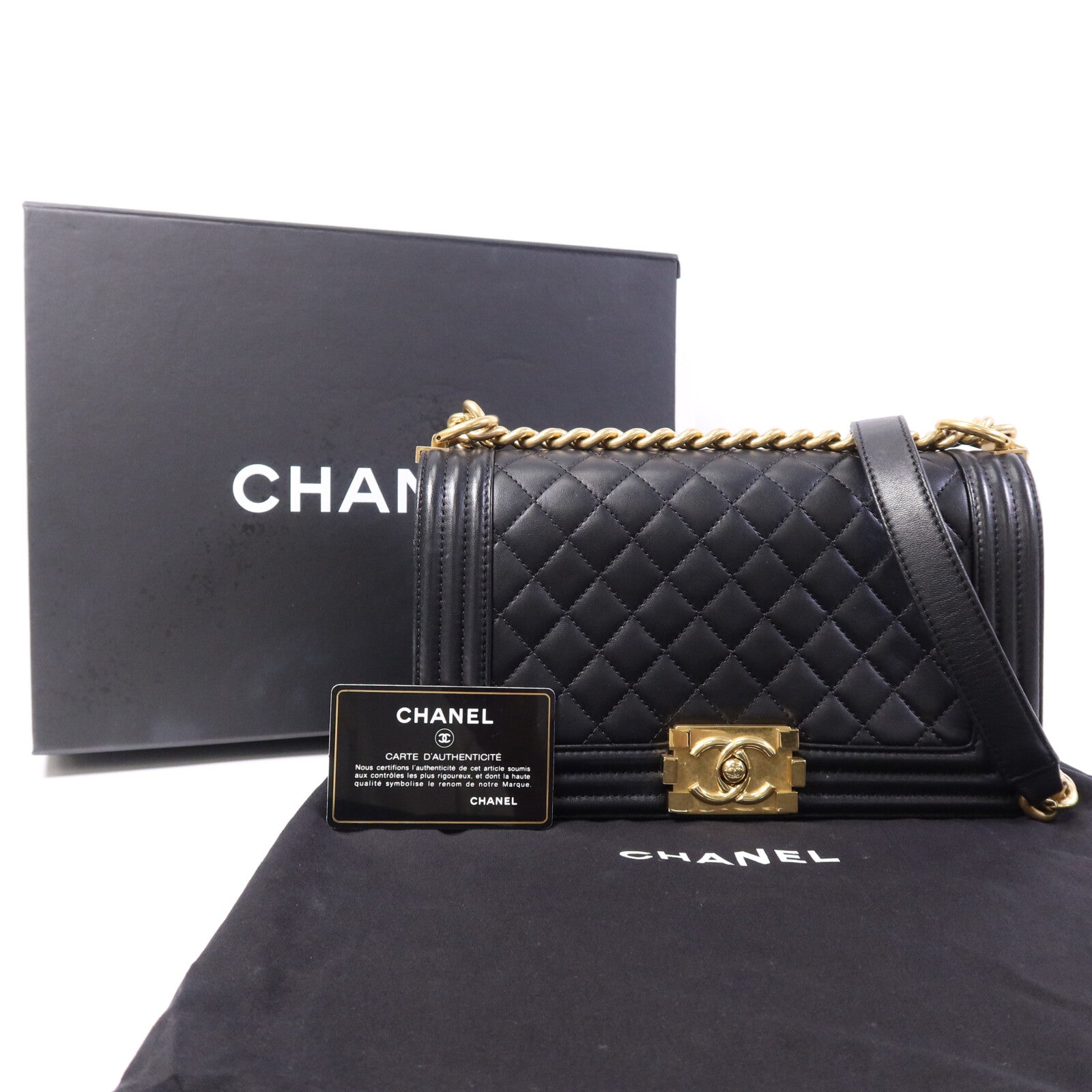 CHANEL 羊皮皮革Boy 25金扣鏈帶肩背袋