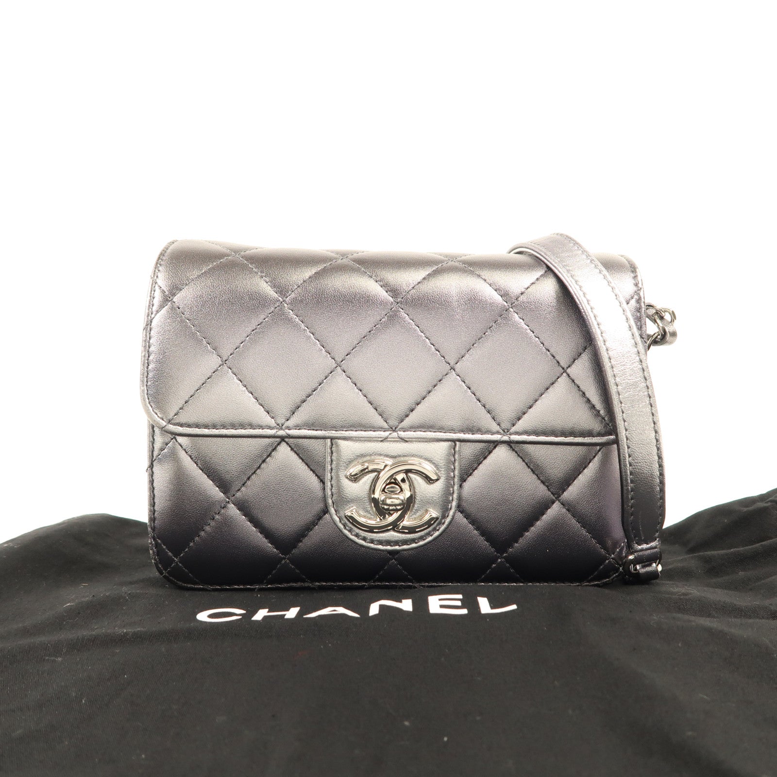 CHANEL 皮革Chain Shoulder銀扣鏈帶肩背袋