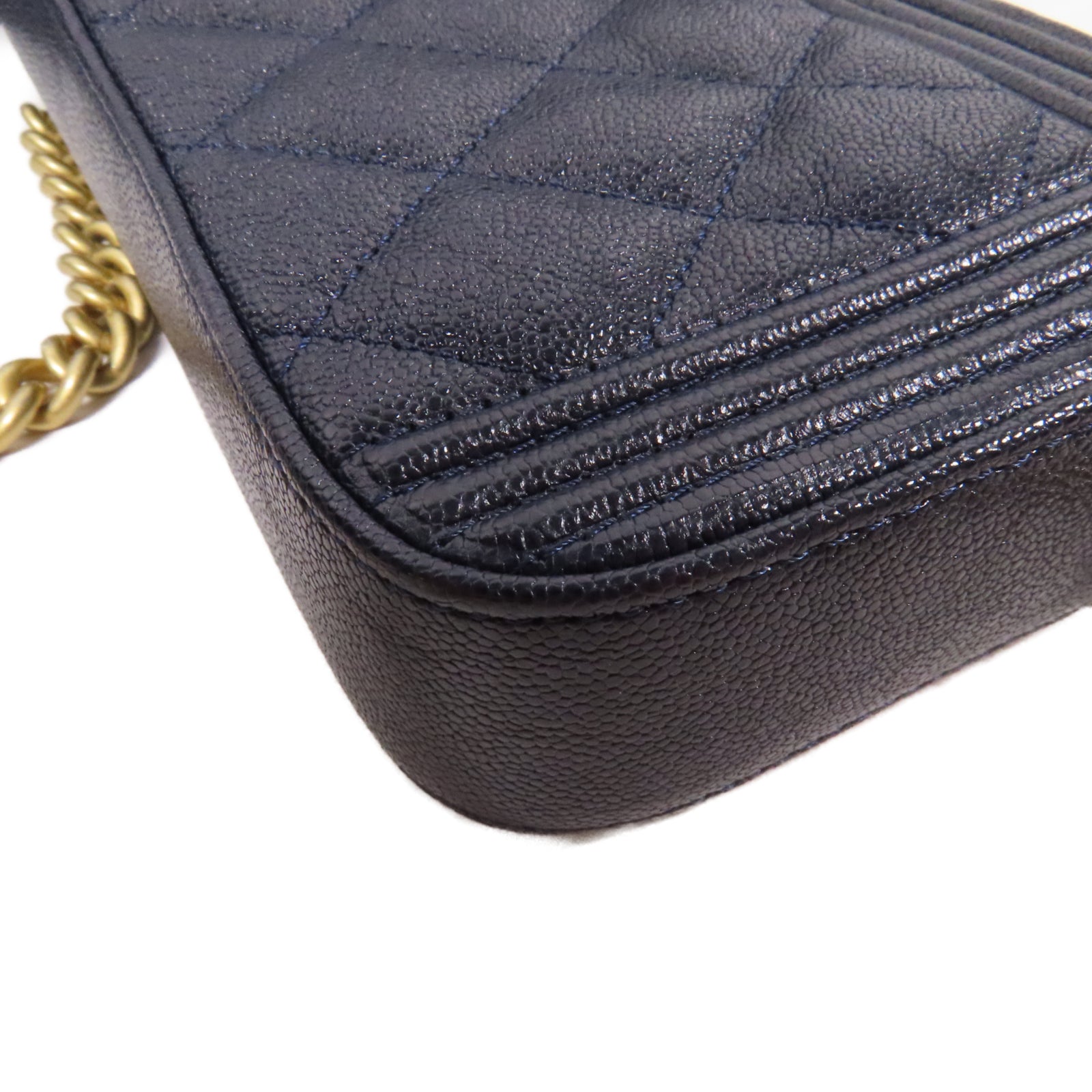 CHANEL 菱格Caviar皮革Chain Shoulder Bag金扣鏈帶肩背袋藍色