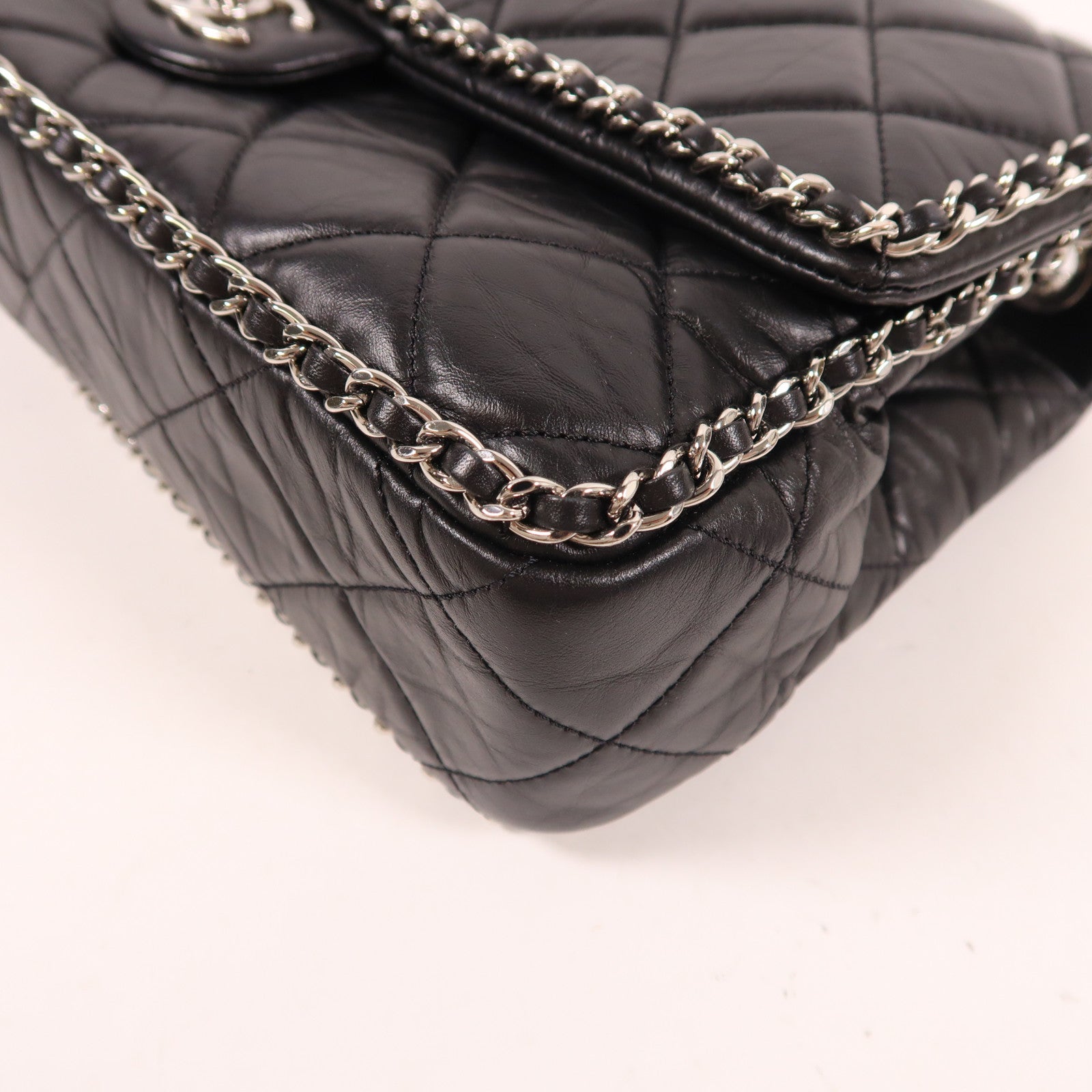 CHANEL 牛皮皮革Chain Shoulder銀扣鏈帶肩背袋