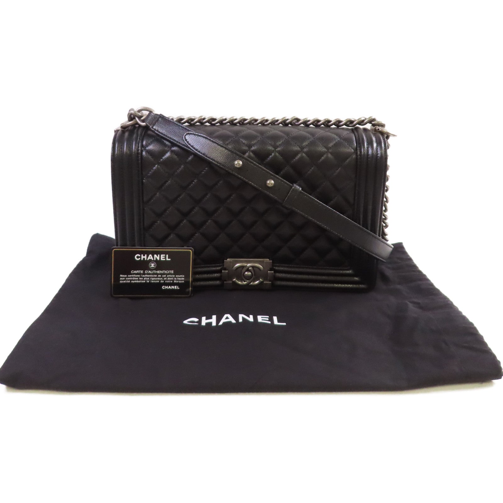 CHANEL 菱格Caviar皮革Boy Chanel Chain Shoulder Bag銀扣鏈帶肩背袋黑色
