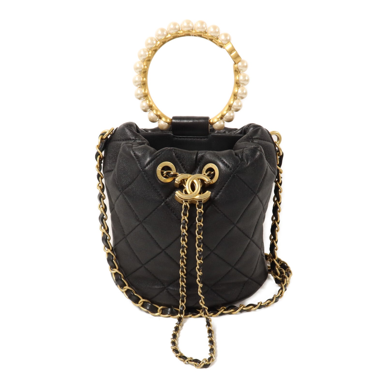 CHANEL 羊皮皮革Bucket Bag With Pearl Handle鏈帶手挽肩背兩用袋