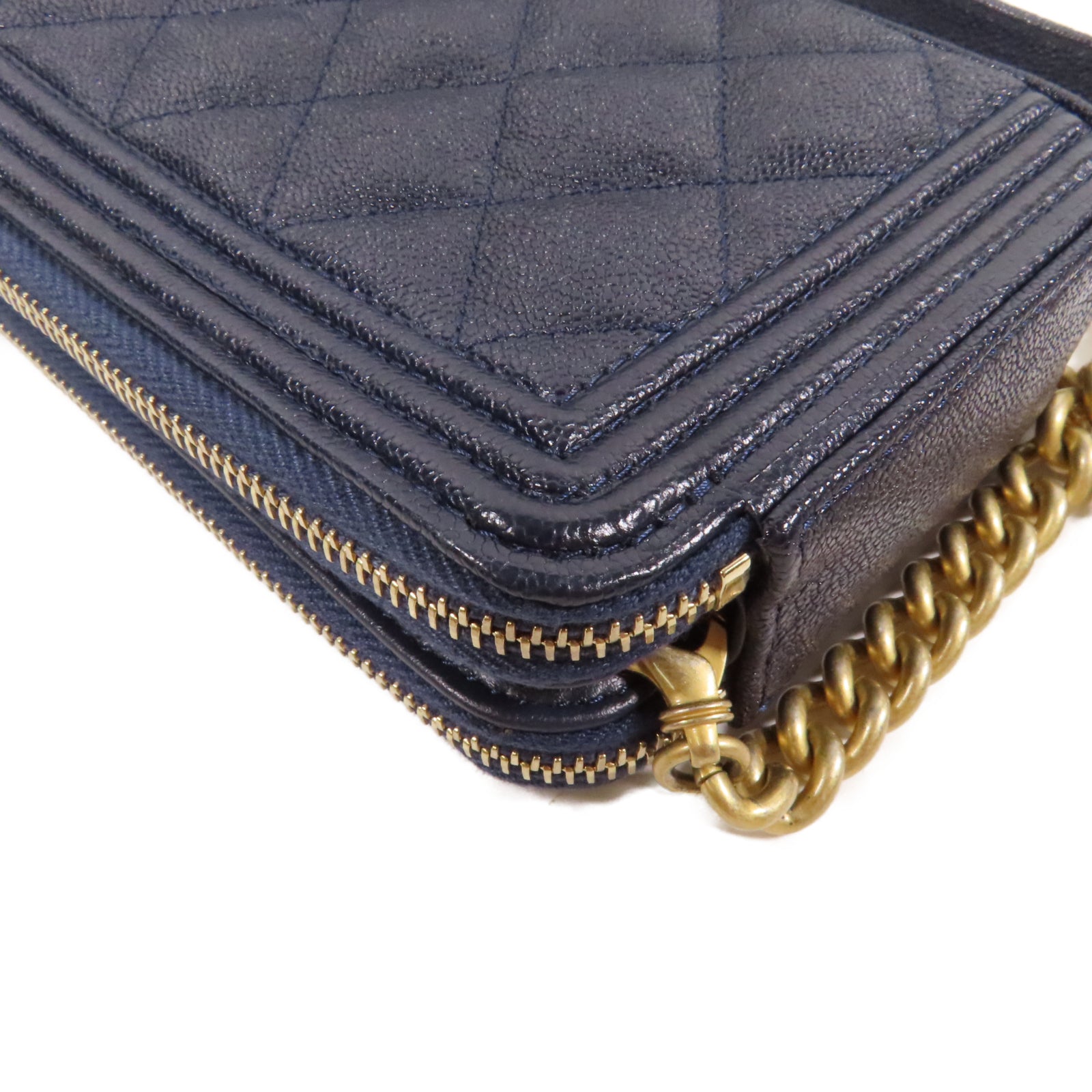 CHANEL 菱格Caviar皮革Chain Shoulder Bag金扣鏈帶肩背袋藍色