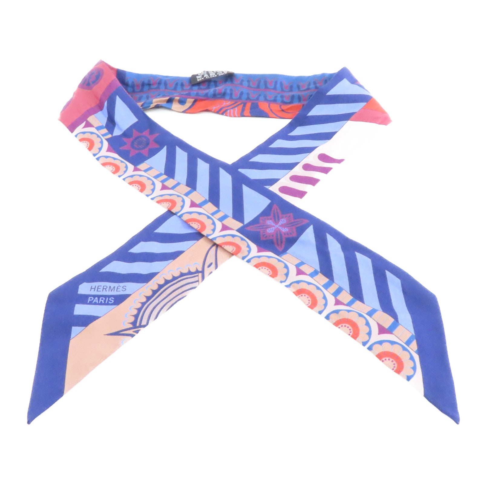 HERMES 絲質Twilly絲巾藍色/米色/紅色