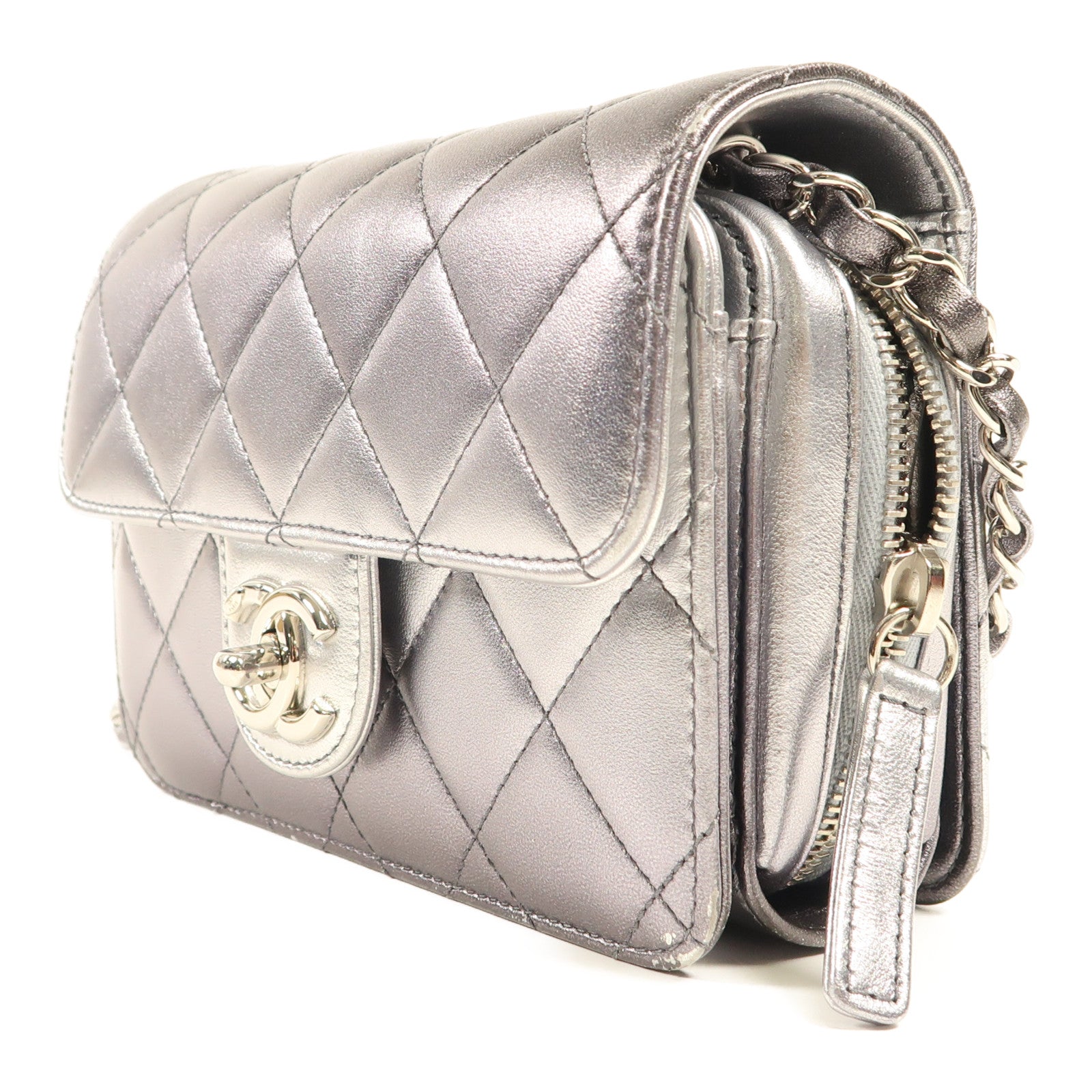 CHANEL 皮革Chain Shoulder銀扣鏈帶肩背袋