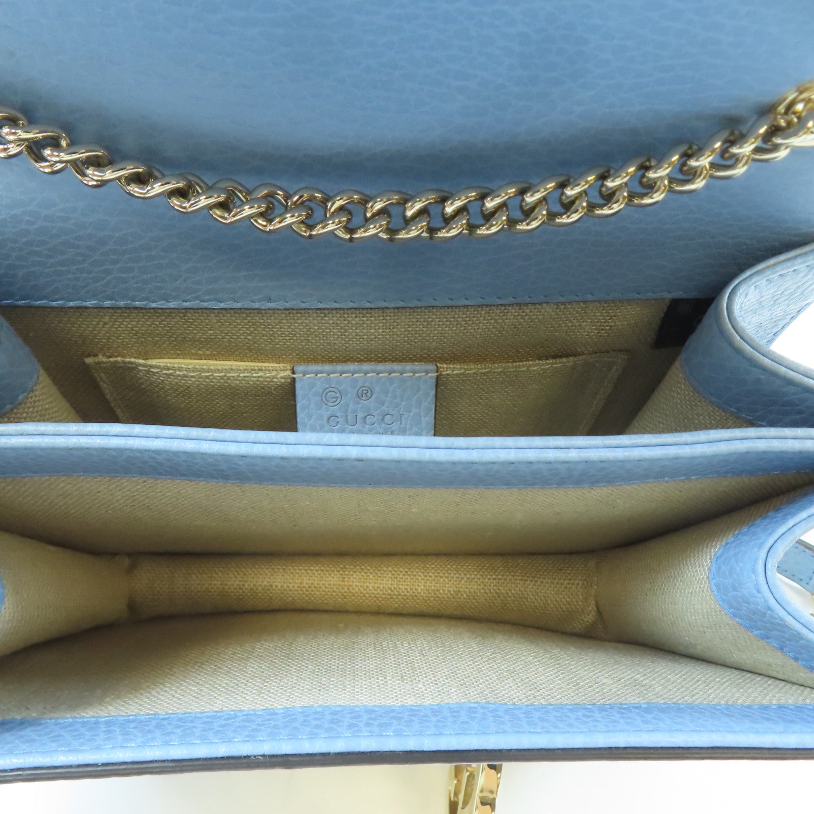 GUCCI 牛皮皮革GG Interlocking Chain Shoulder金扣鏈帶肩背袋淺藍色
