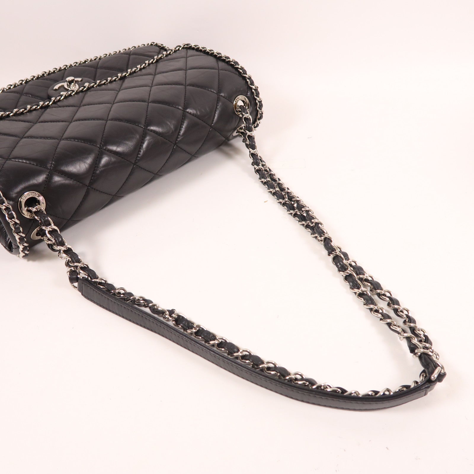 CHANEL 牛皮皮革Chain Shoulder銀扣鏈帶肩背袋
