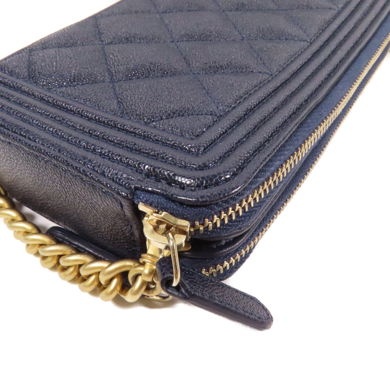 CHANEL 菱格Caviar皮革Chain Shoulder Bag金扣鏈帶肩背袋藍色