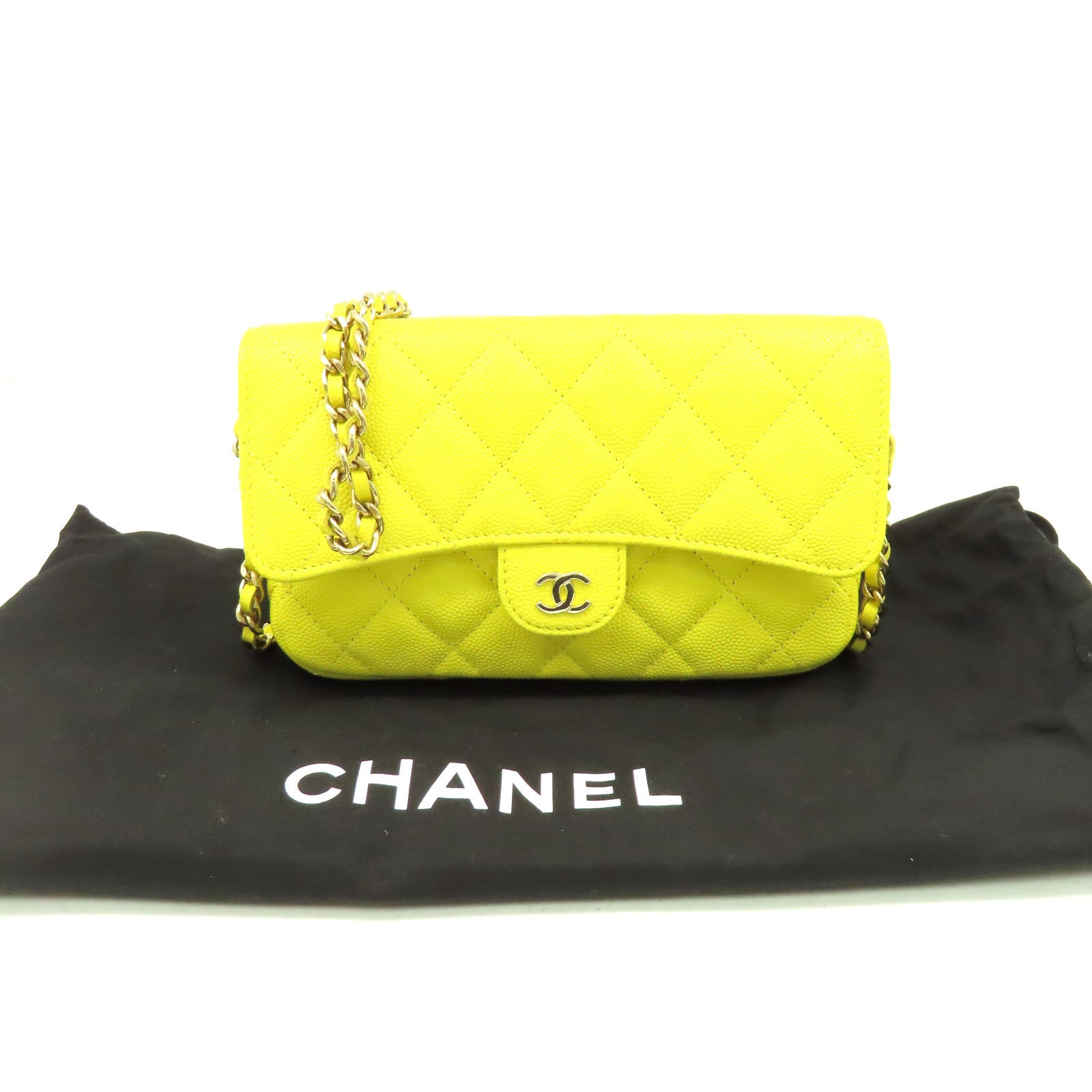 CHANEL 【激減優惠】菱格Caviar皮革Chain Shoulder Bag金扣鏈帶肩背袋黃色