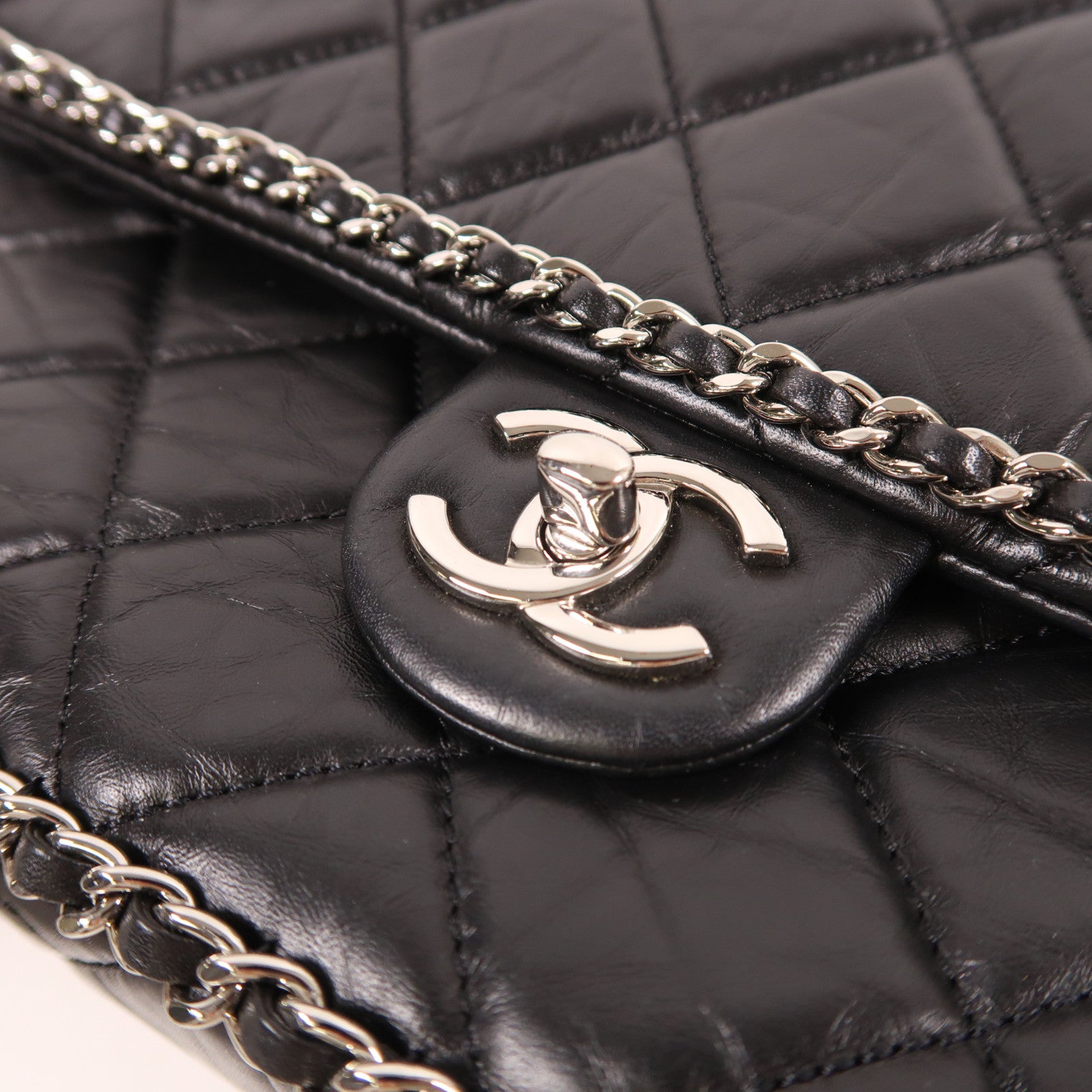 CHANEL 牛皮皮革Chain Shoulder銀扣鏈帶肩背袋