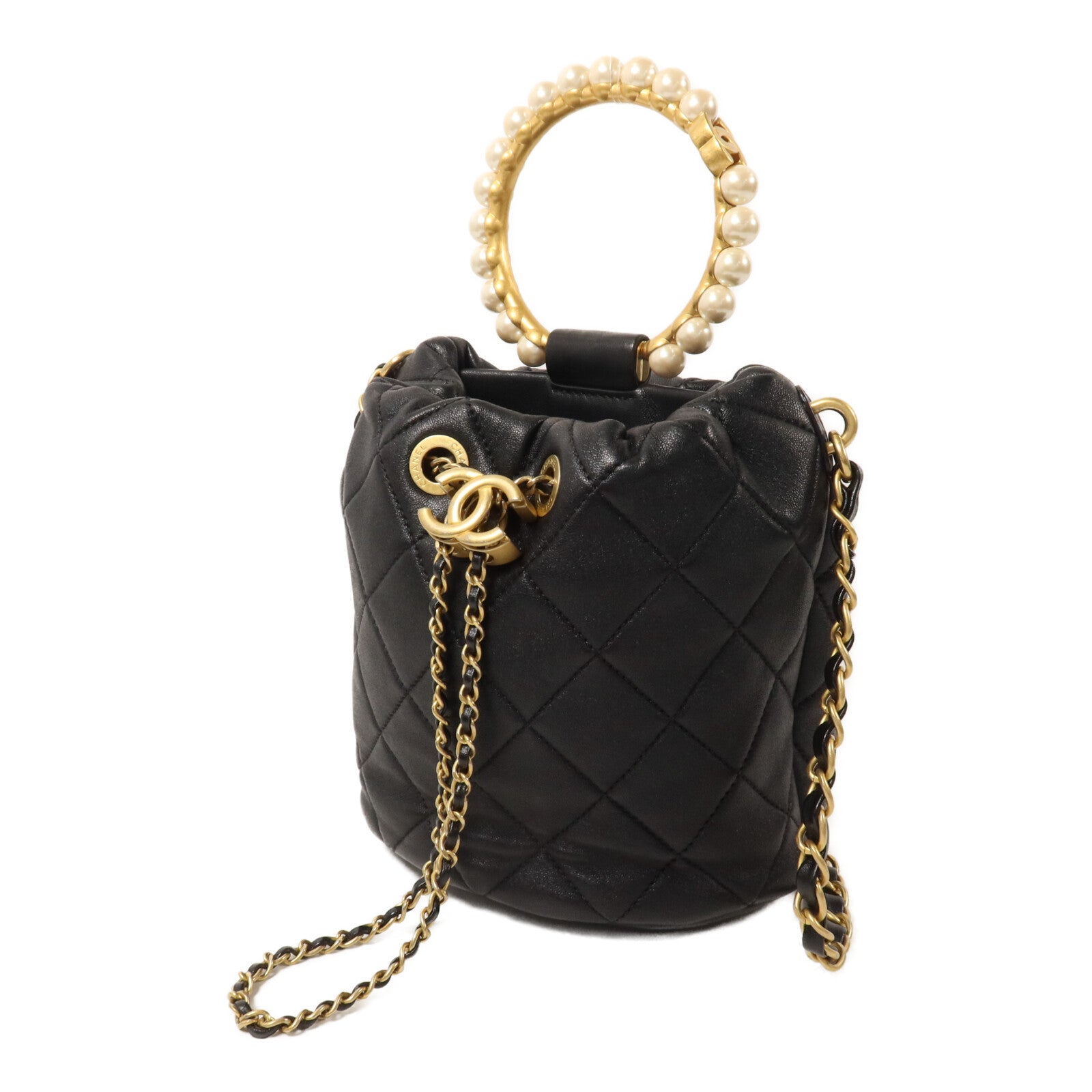 CHANEL 羊皮皮革Bucket Bag With Pearl Handle鏈帶手挽肩背兩用袋