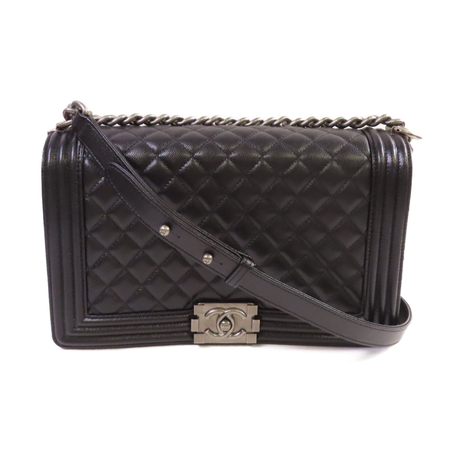 CHANEL 菱格Caviar皮革Boy Chanel Chain Shoulder Bag銀扣鏈帶肩背袋黑色