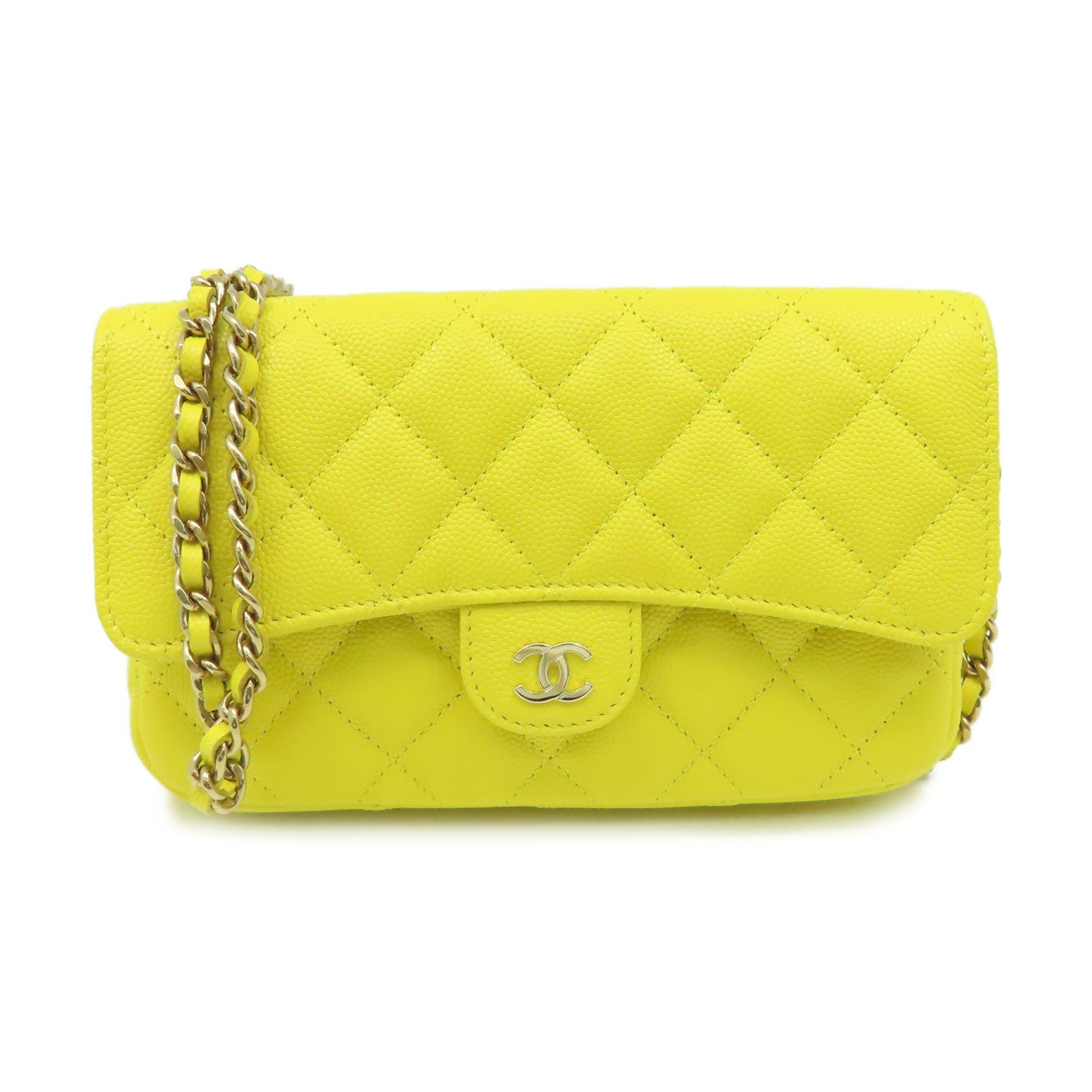 CHANEL 【激減優惠】菱格Caviar皮革Chain Shoulder Bag金扣鏈帶肩背袋黃色