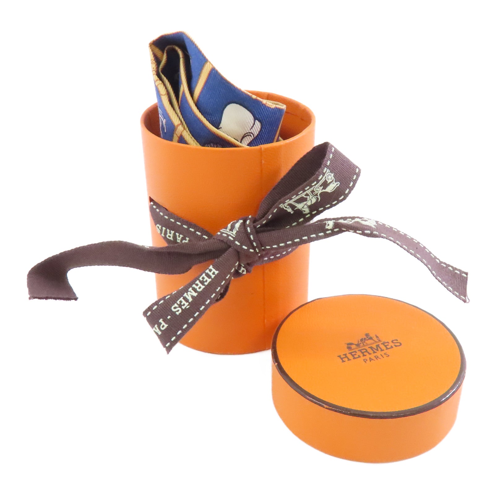 HERMES 絲質Twilly絲巾藍色/米色