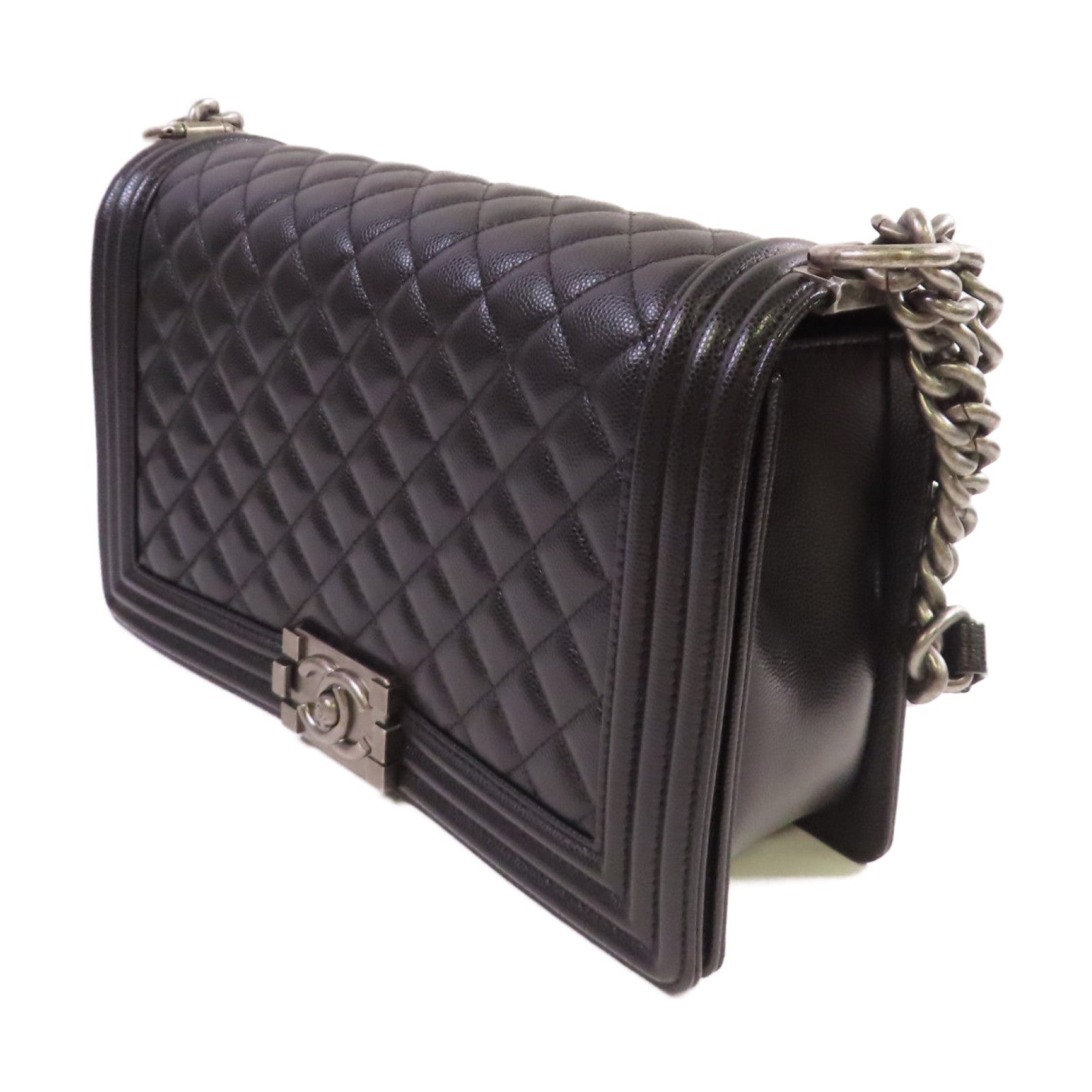 CHANEL 菱格Caviar皮革Boy Chanel Chain Shoulder Bag銀扣鏈帶肩背袋黑色