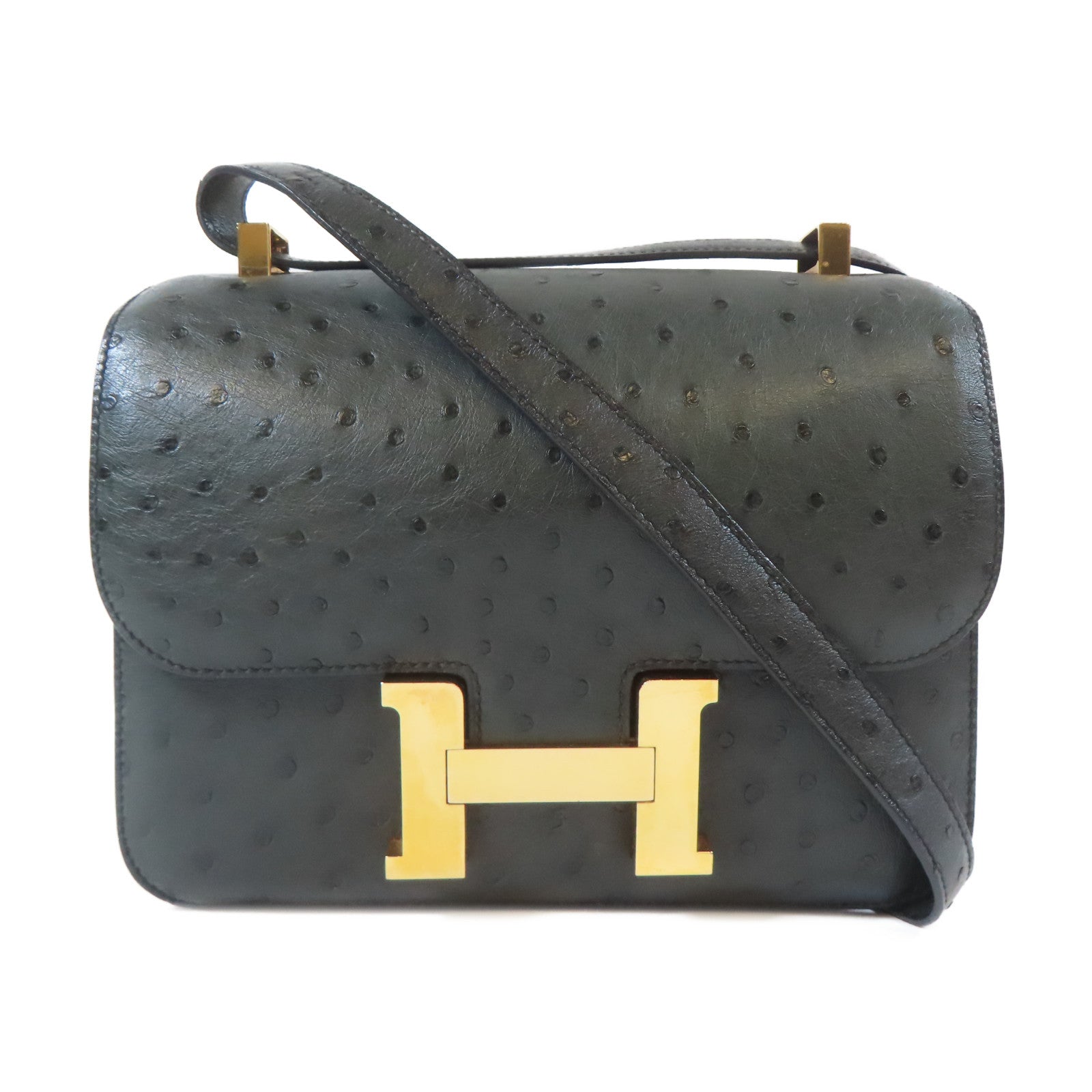 HERMES 【Hermes Fair】鴕鳥皮革Constance 24金扣肩背袋深綠色