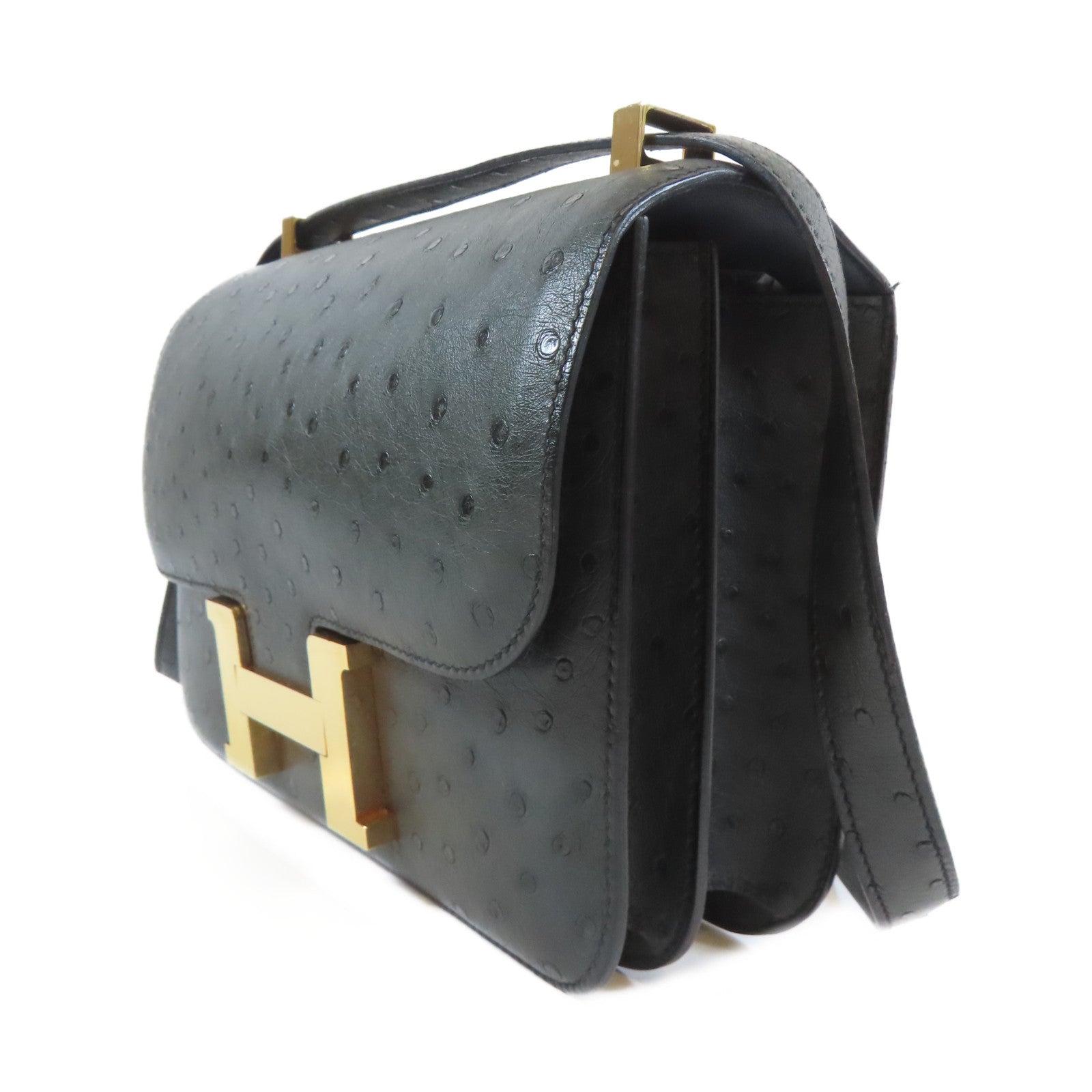 HERMES 【Hermes Fair】鴕鳥皮革Constance 24金扣肩背袋深綠色