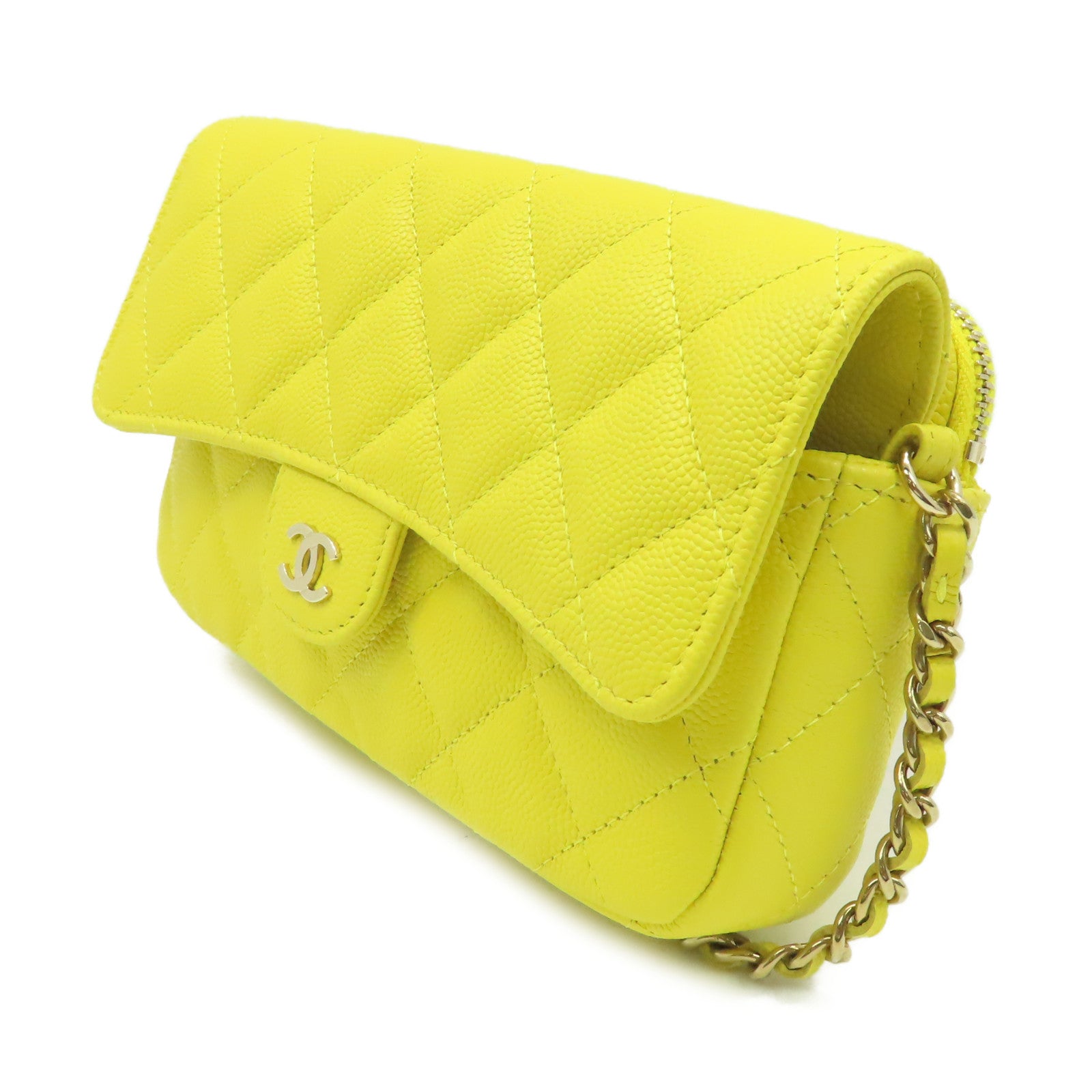 CHANEL 【激減優惠】菱格Caviar皮革Chain Shoulder Bag金扣鏈帶肩背袋黃色
