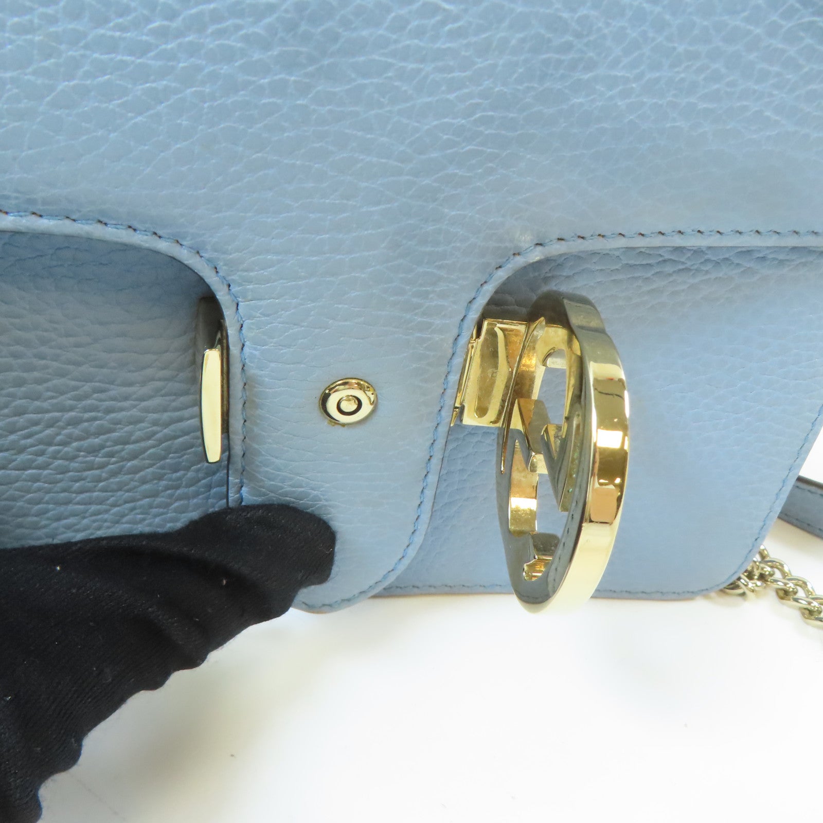 GUCCI 牛皮皮革GG Interlocking Chain Shoulder金扣鏈帶肩背袋淺藍色
