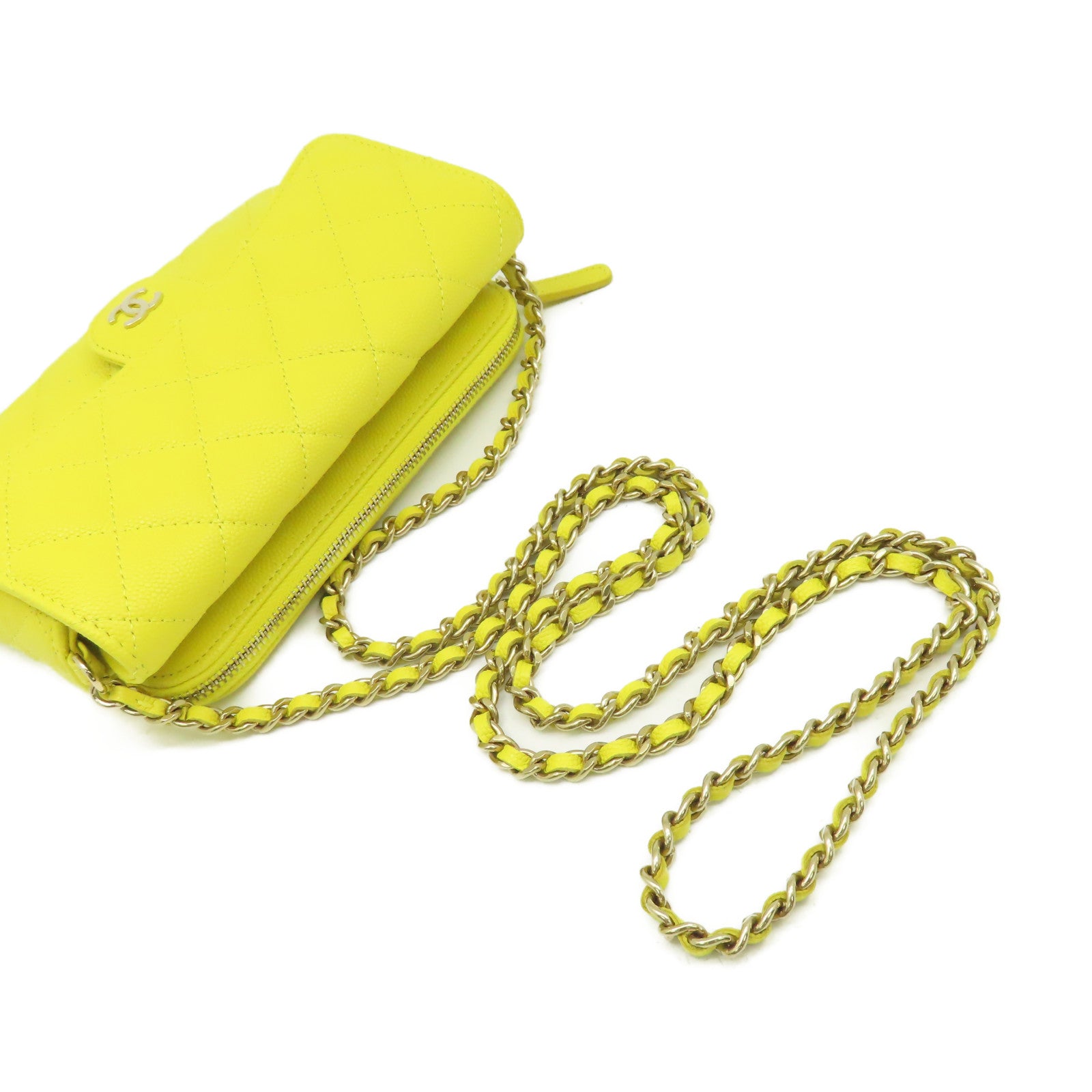 CHANEL 【激減優惠】菱格Caviar皮革Chain Shoulder Bag金扣鏈帶肩背袋黃色