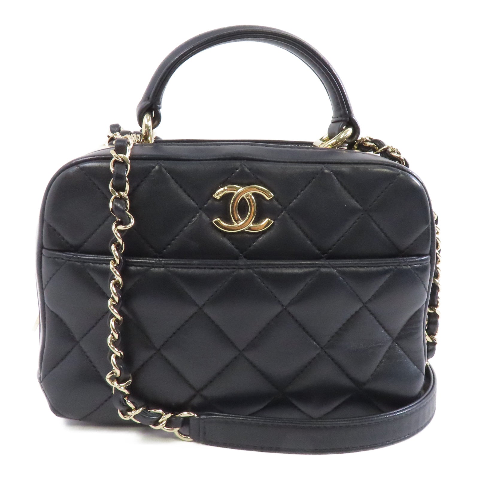 CHANEL 菱格羊皮皮革Small Trendy CC Bowling金扣手挽肩背兩用袋黑色