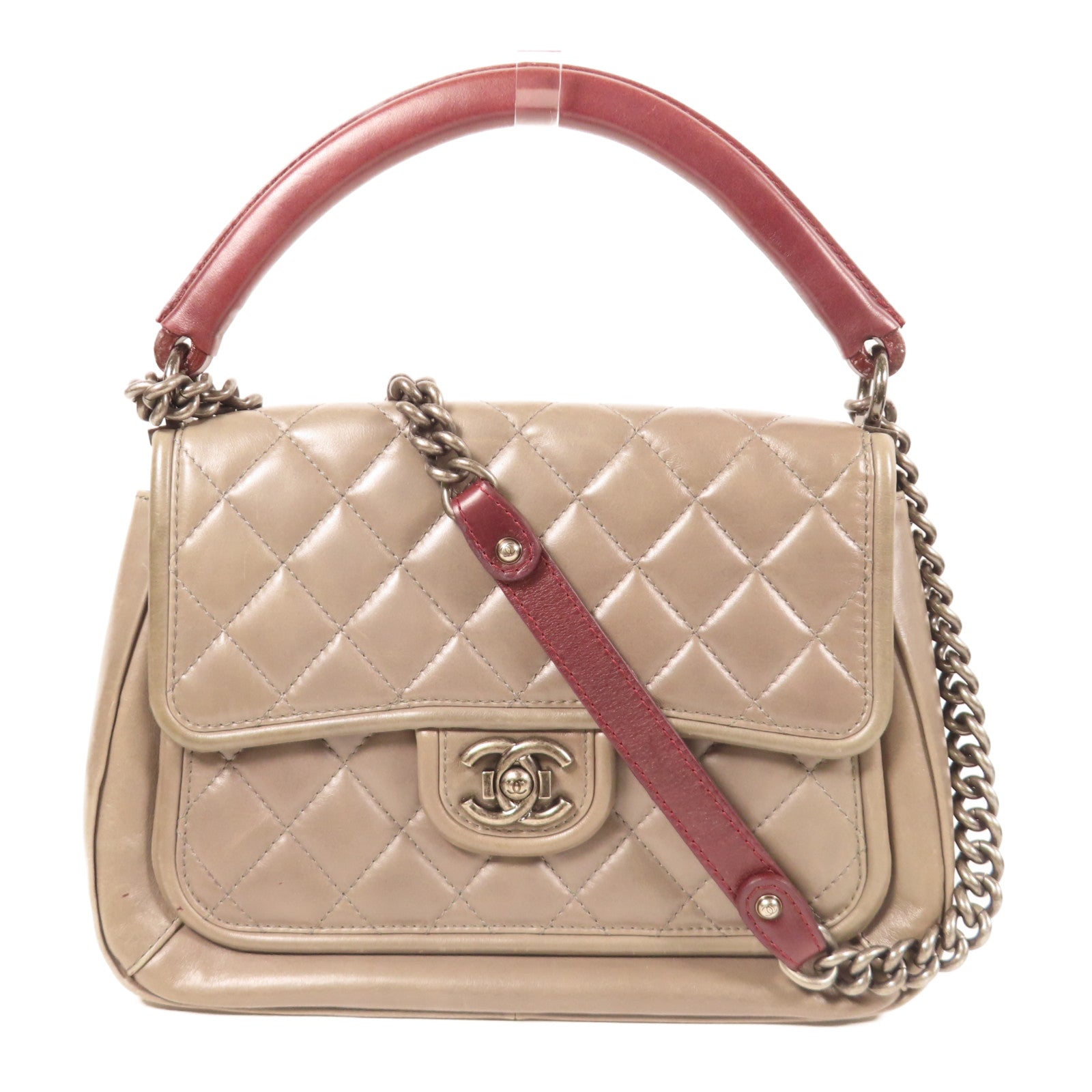 CHANEL 菱格牛皮皮革Chain Shoulder鏈帶手挽肩背兩用袋灰色