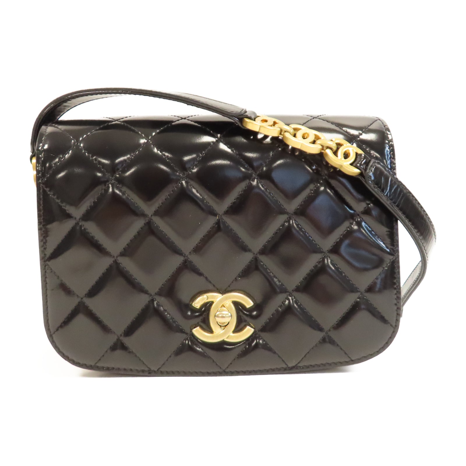 CHANEL 【激減優惠】菱格漆皮皮革Mini Messenger Bag金扣肩背袋黑色