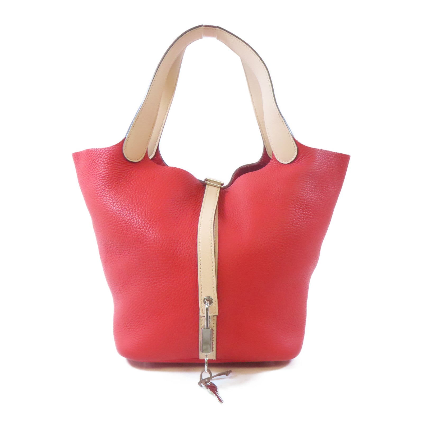 HERMES Clemence皮革/Swift皮革Picotin MM銀扣手挽袋Rose Eglantine/紅色