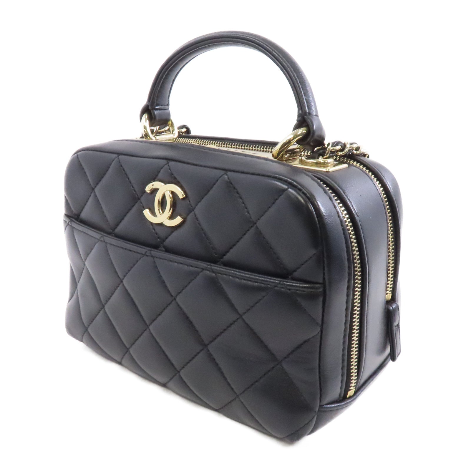 CHANEL 菱格羊皮皮革Small Trendy CC Bowling金扣手挽肩背兩用袋黑色