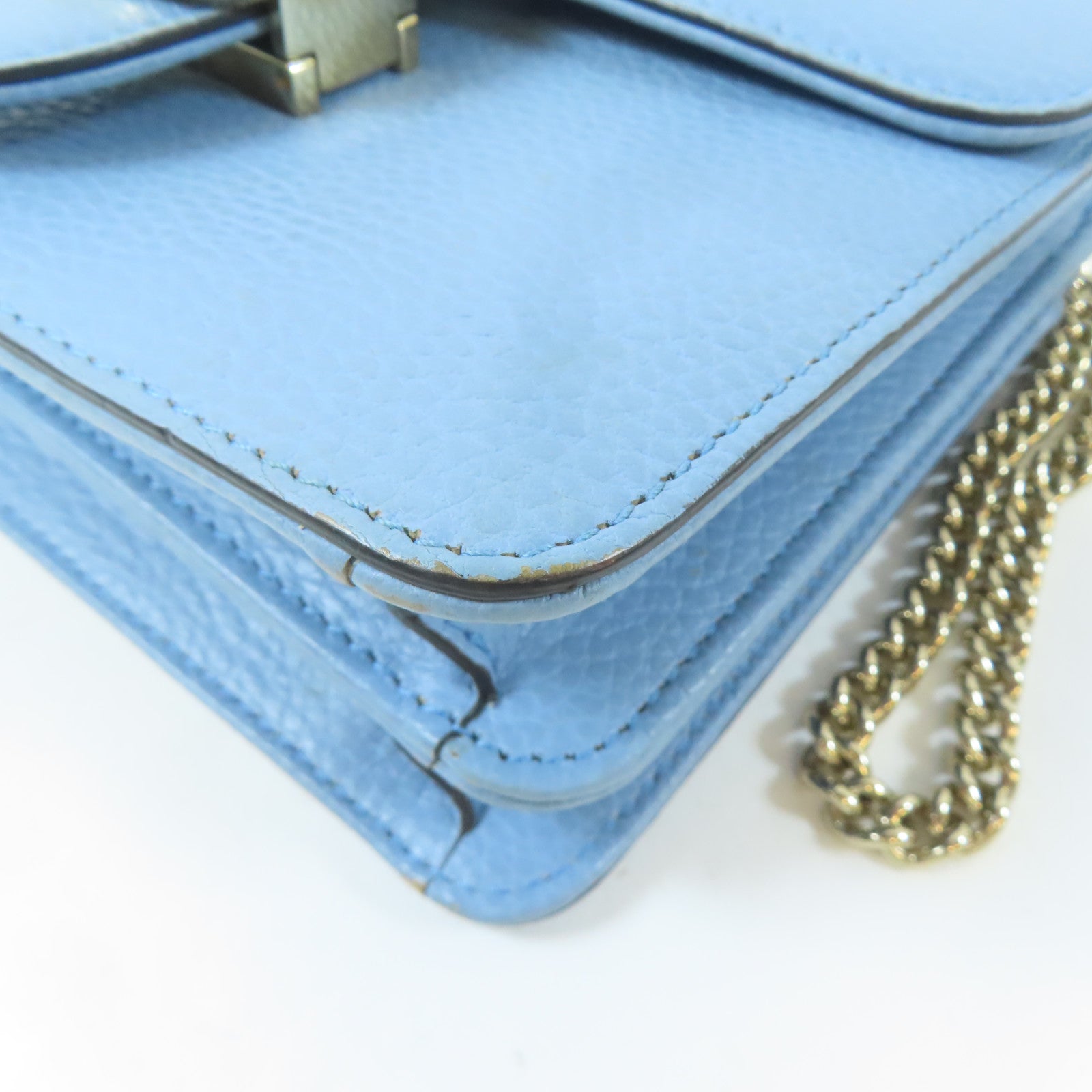 GUCCI 牛皮皮革GG Interlocking Chain Shoulder金扣鏈帶肩背袋淺藍色